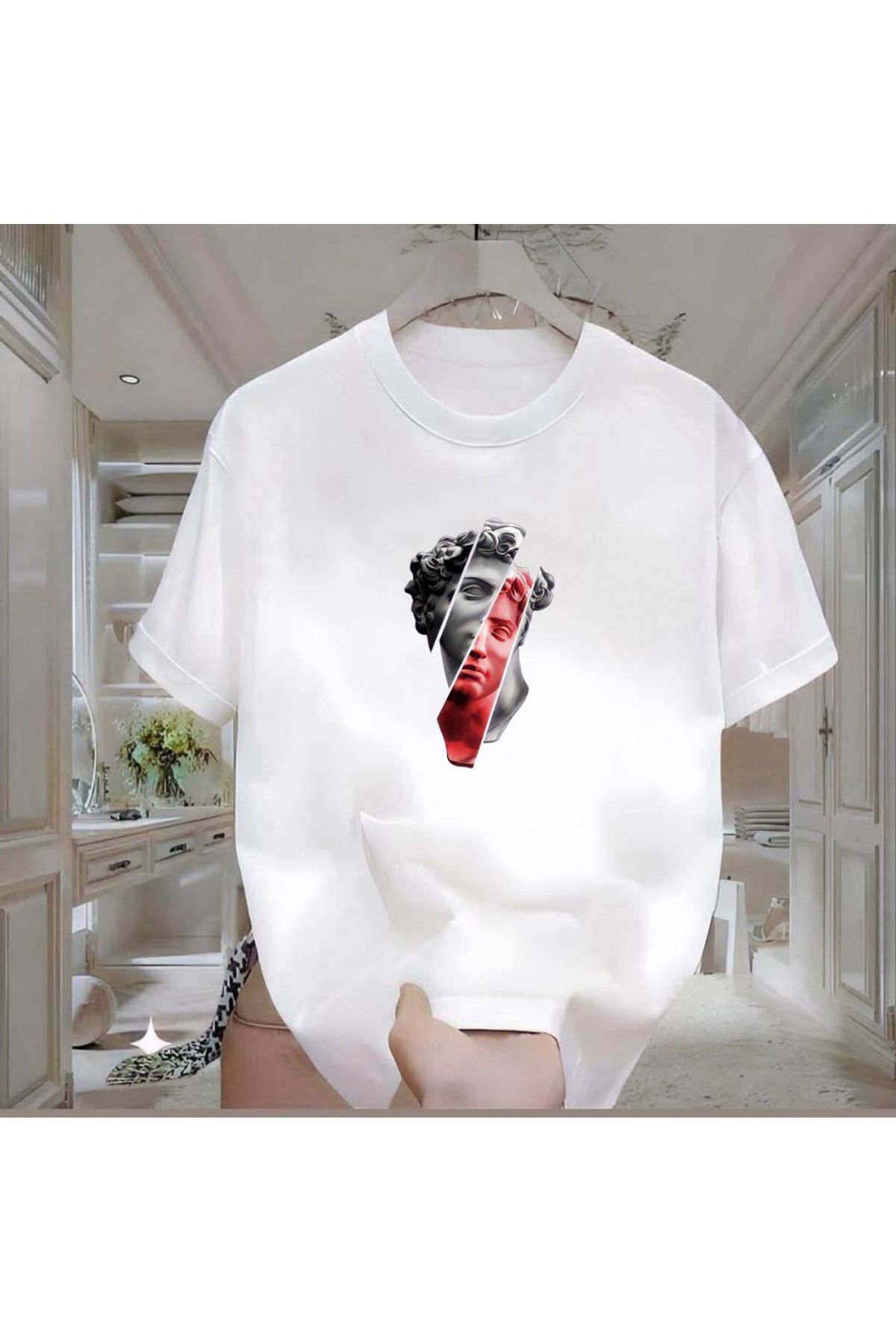 ROVELLA Heykel Baskılı Beyaz Oversize Erkek Tshirt
