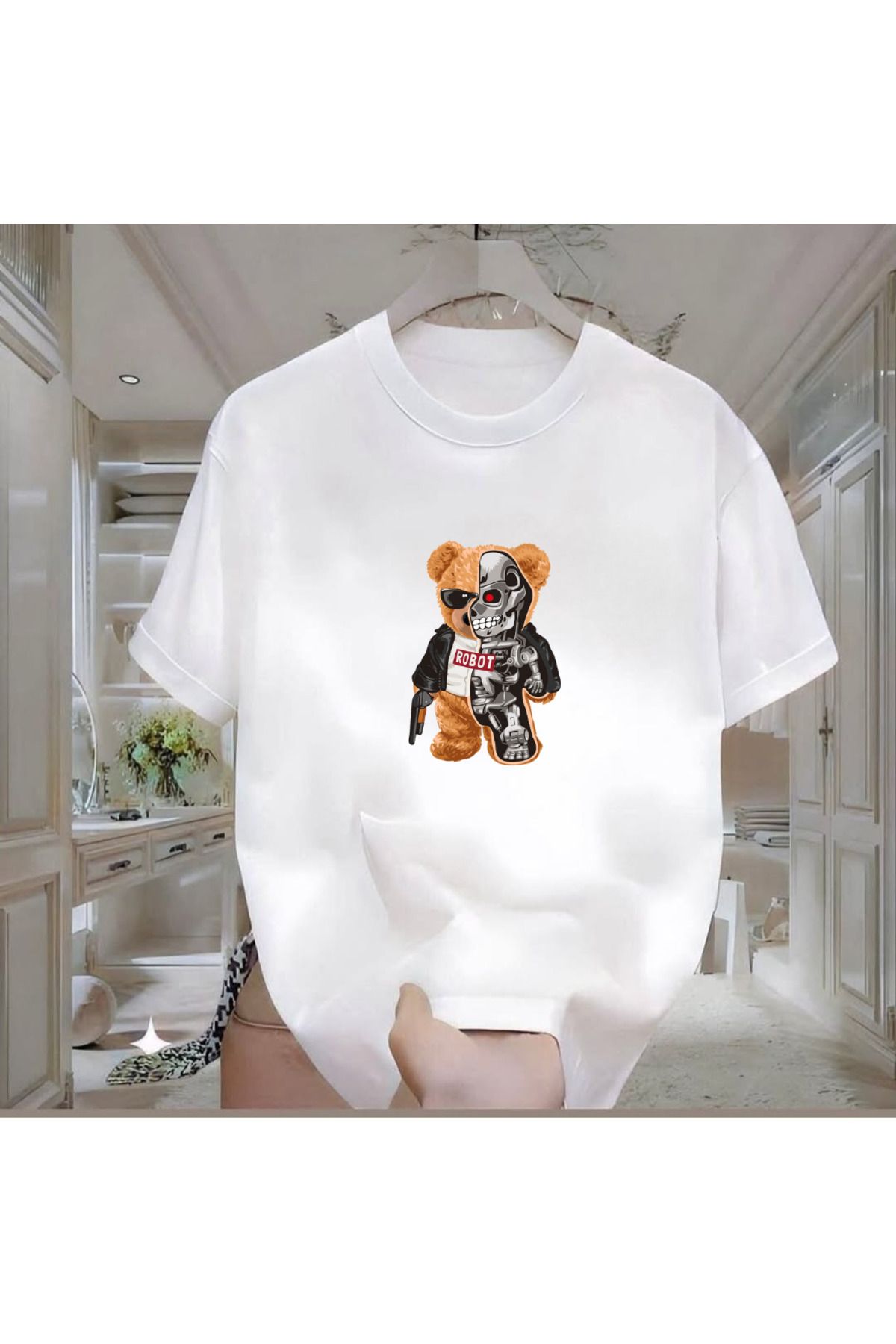 ROVELLA Robot Bear Baskılı Beyaz Oversize Erkek Tshirt