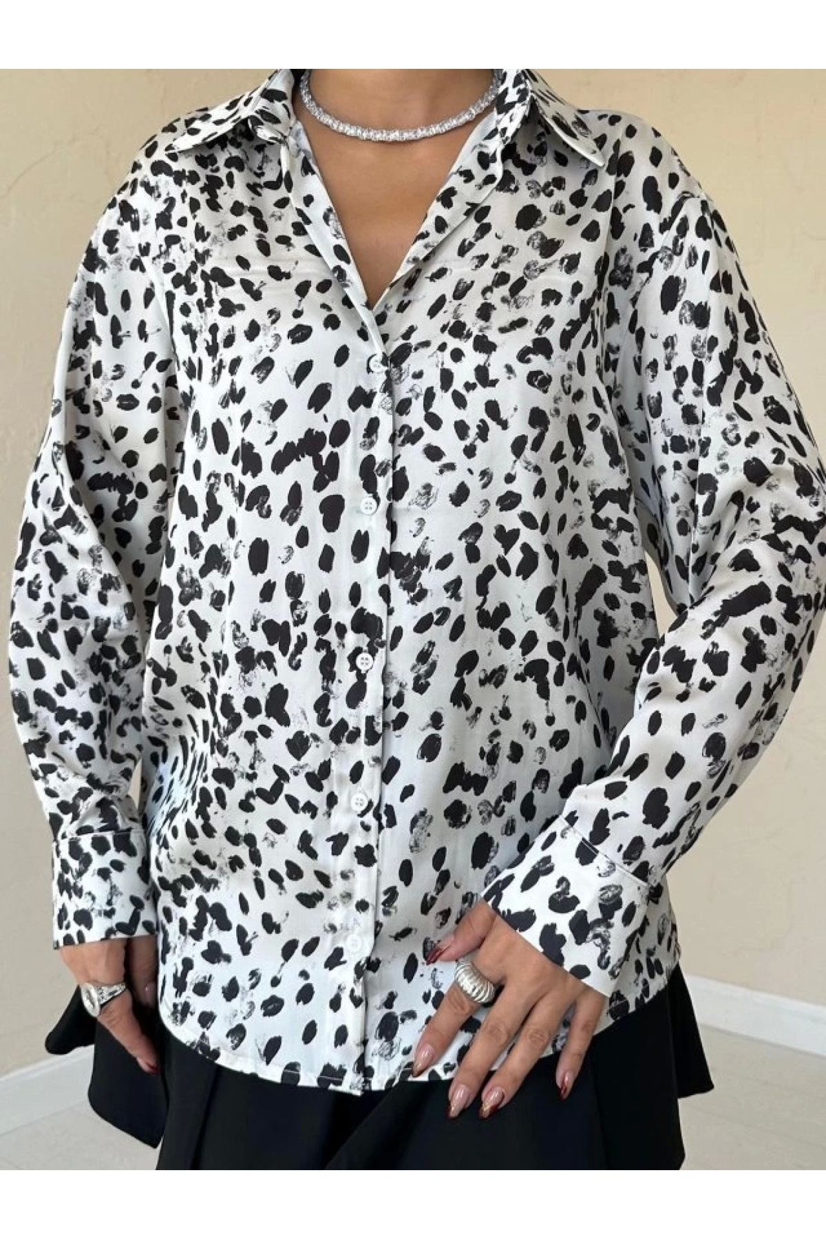 POLEXP Ekru Leopar Desenli Saten Gömlek