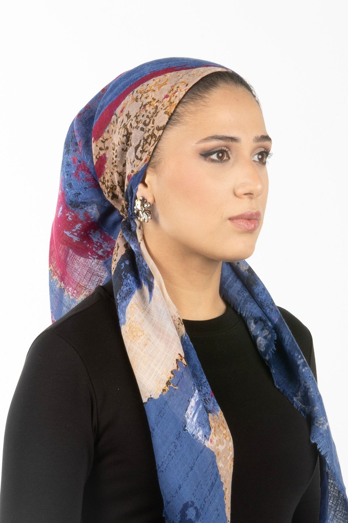 safura Yeni Tasarım Tak-Çıkart Bone Eşarp - Mavi Desenli, Ayarlanabilir Ense Lastik, Kaymaz Kadife Şerit