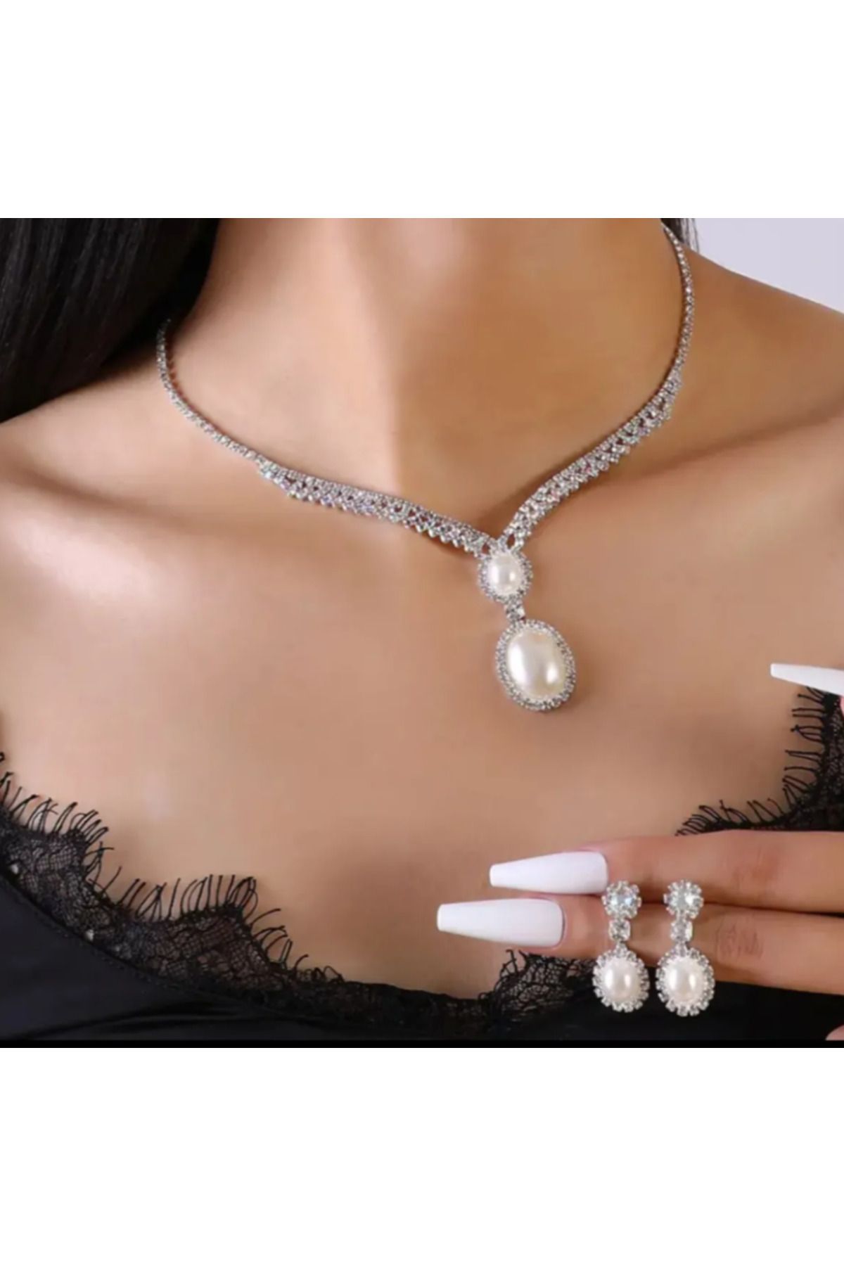 maia 2' Li Kolye Küpe Taşlı İnci Set