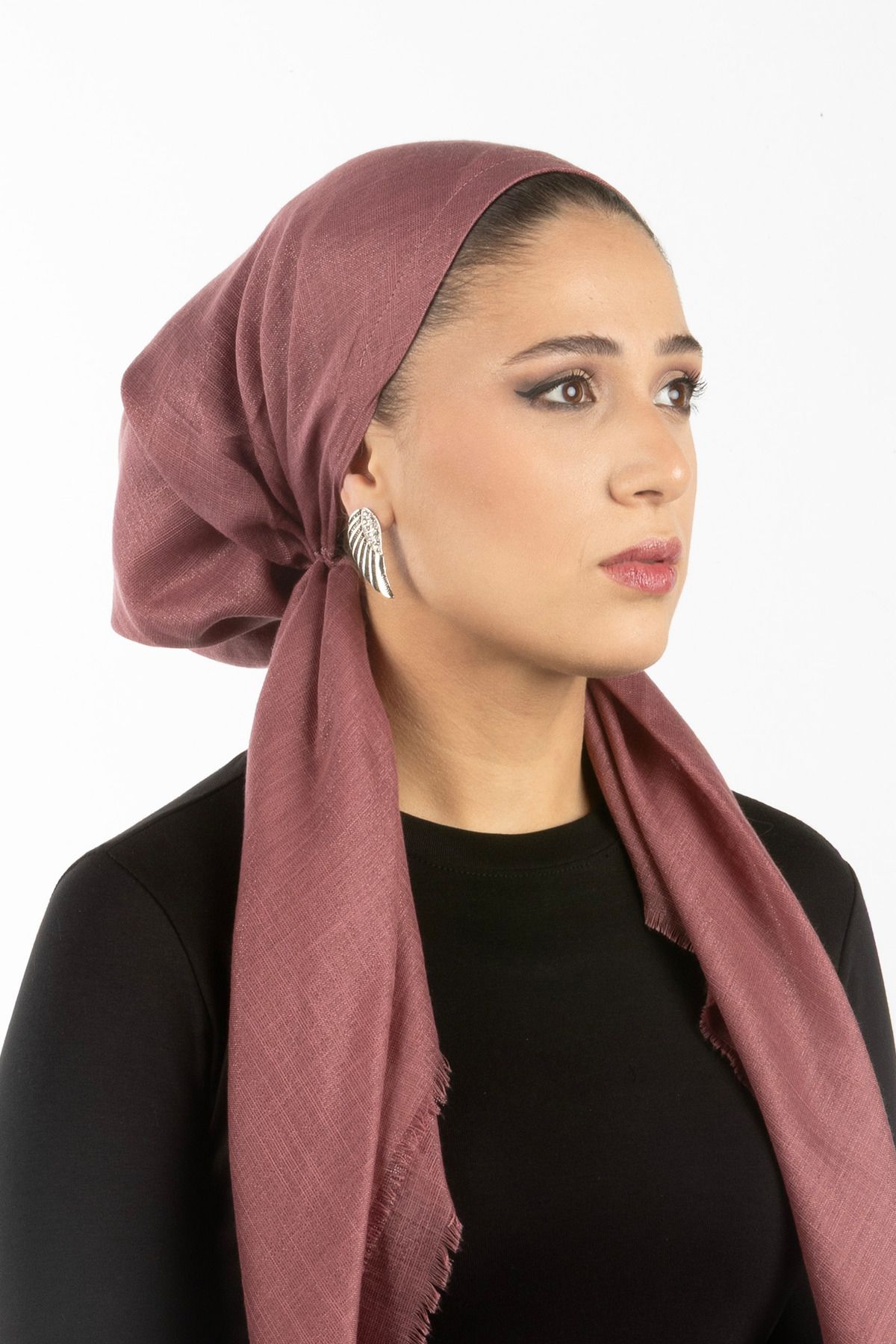 safura Yeni Özel Tasarım Bone Eşarp - Gül Kurusu Simli, Ayarlanabilir Ense Lastik, Kaymaz Kadife Şerit