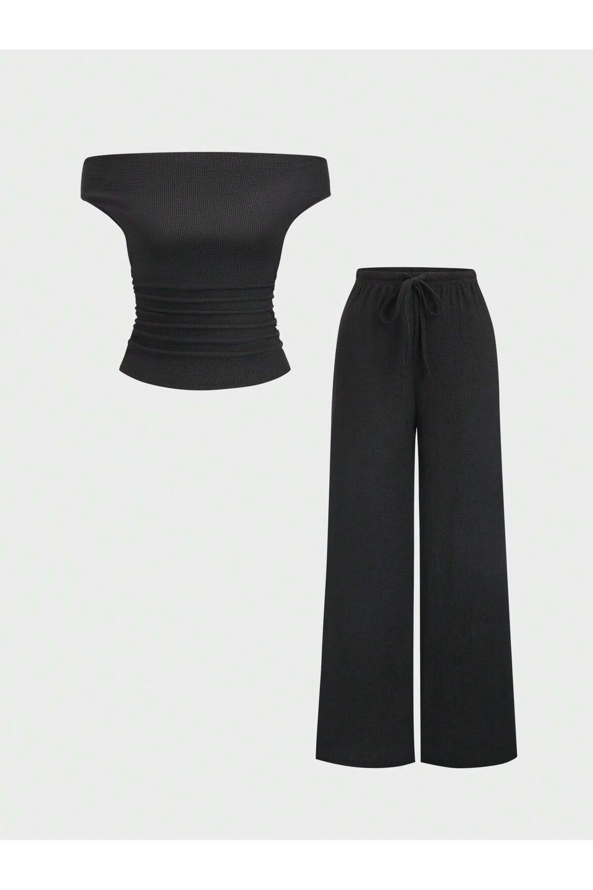 meren like your style siyah yan büzgülü düşük omuz bol pantolon alt üst takım