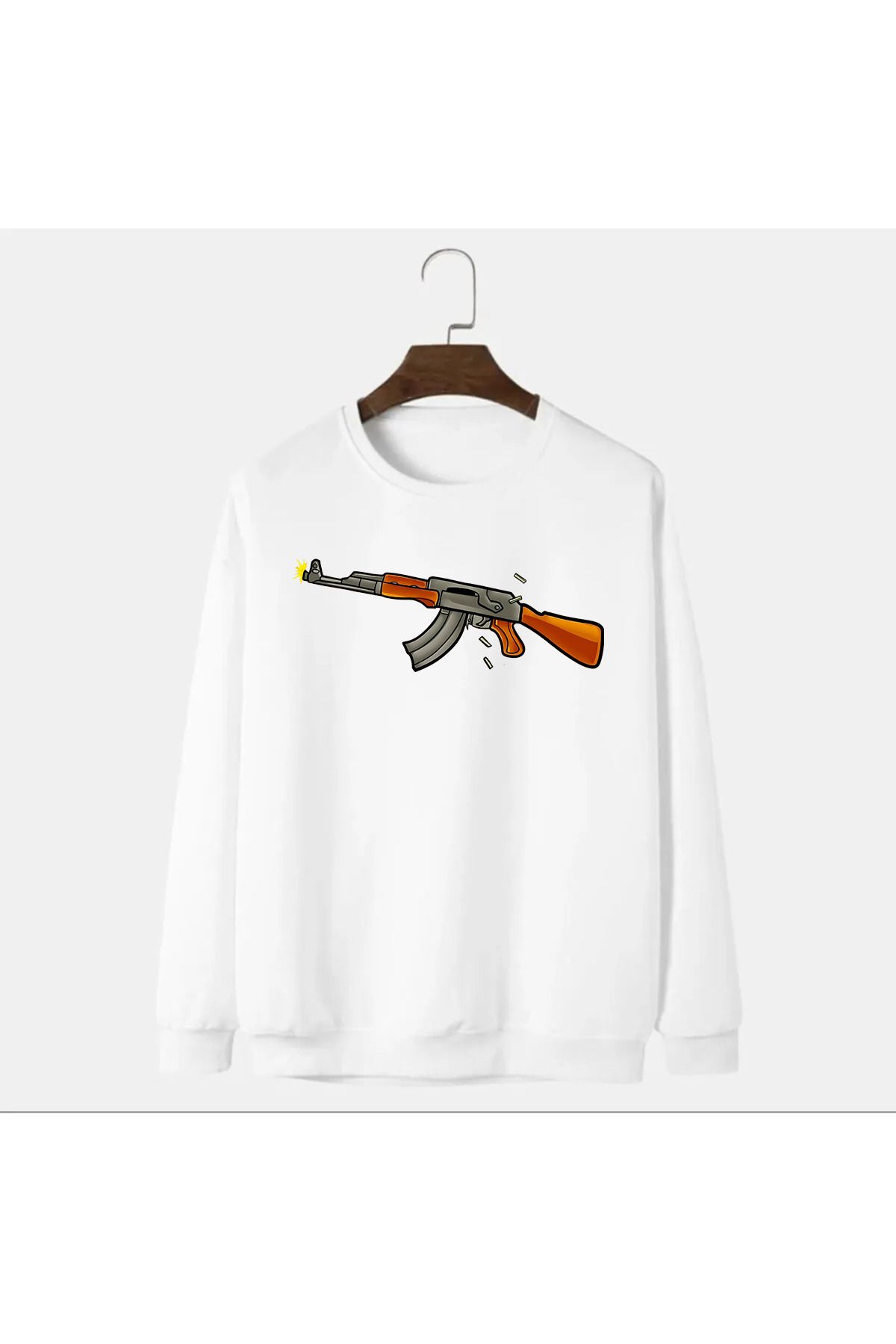 Pisa Art AK-47 BEYAZ UNISEX BEYAZ SWEATSHIRT PREMIUM ÖZE TASARIM ÇATLMA,SOLMA YAPMAZ