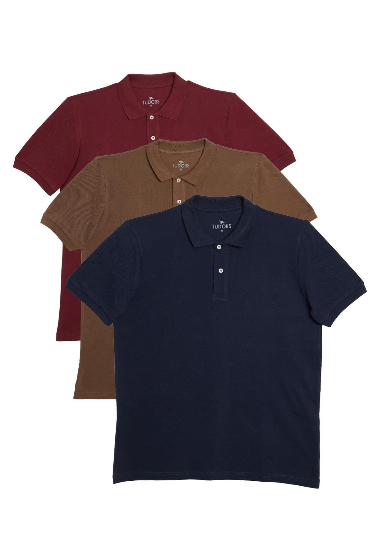 Tudors Erkek Regular Fit %100 Pamuk 3'lü Bordo-Kahverengi-Lacivert Pike Polo Yaka Tişört