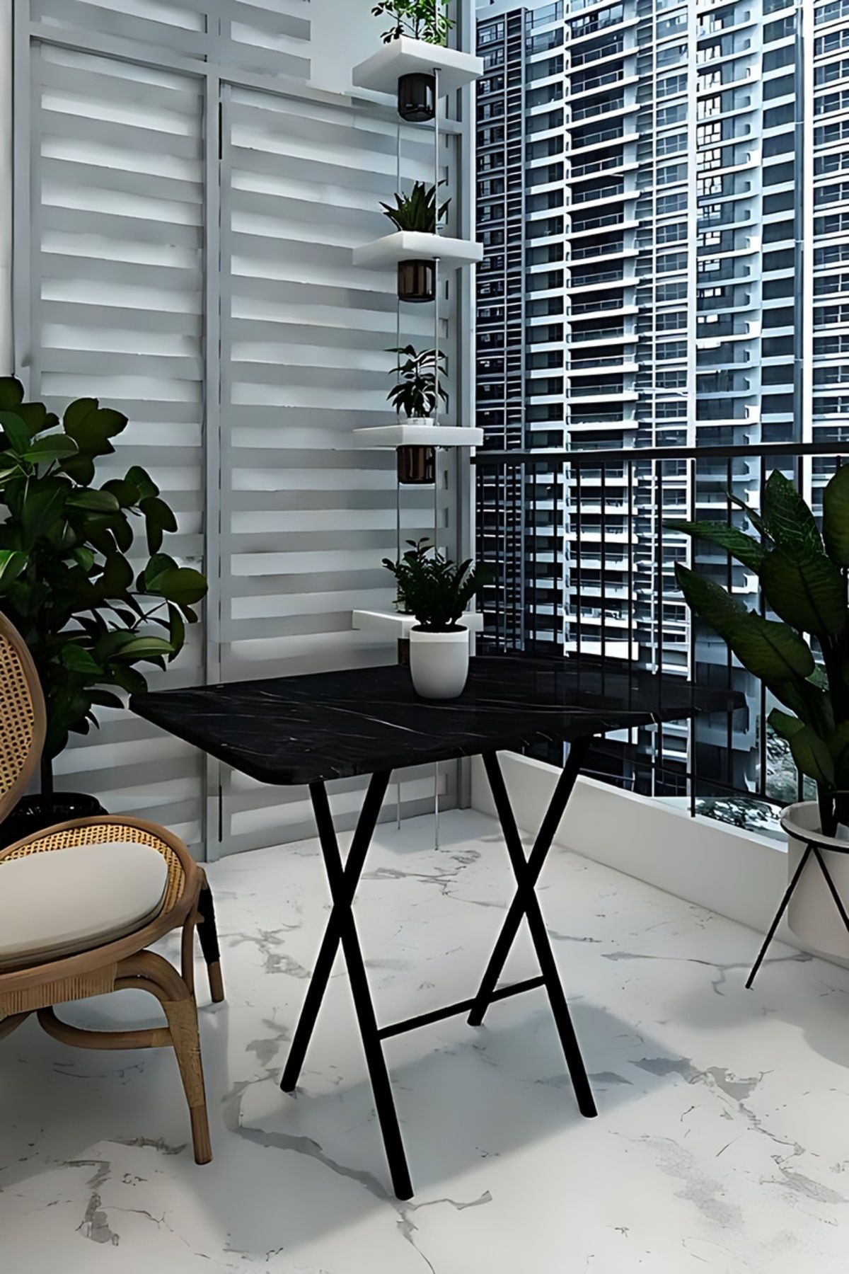 NESU HOME 60x90 Siyah Mermer Siyah Ayaklı Katlanır Masa Mutfak Masası Yemek Masası Balkon Masası