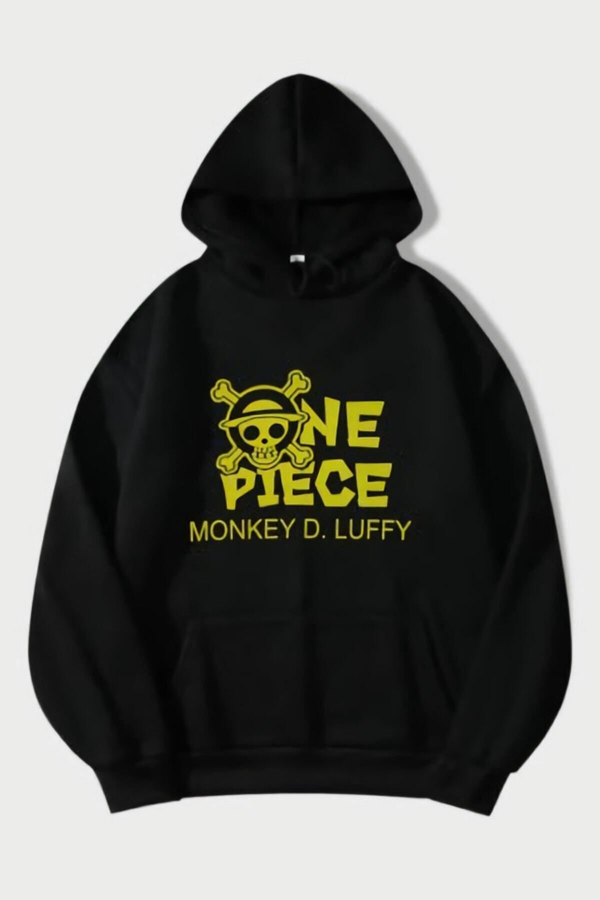 Pisa Art Siyah Kapüşonlu Sırt Baskılı One Piece Monkey D.luffy 3 Iplik Şardonlu Sweatshirt