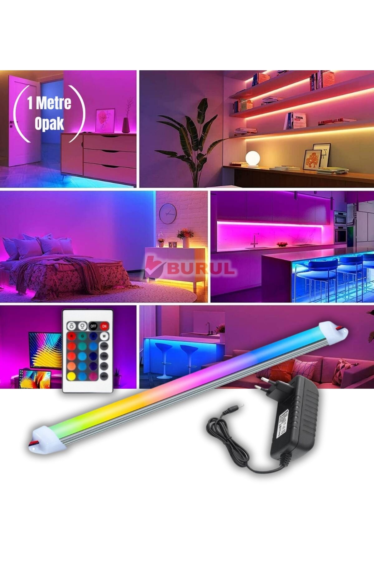 burul SB-6540 1 Metre Opak RGB 16 Renk Kumandalı Çubuk Şerit Led Renk Değiştiren Led Işık