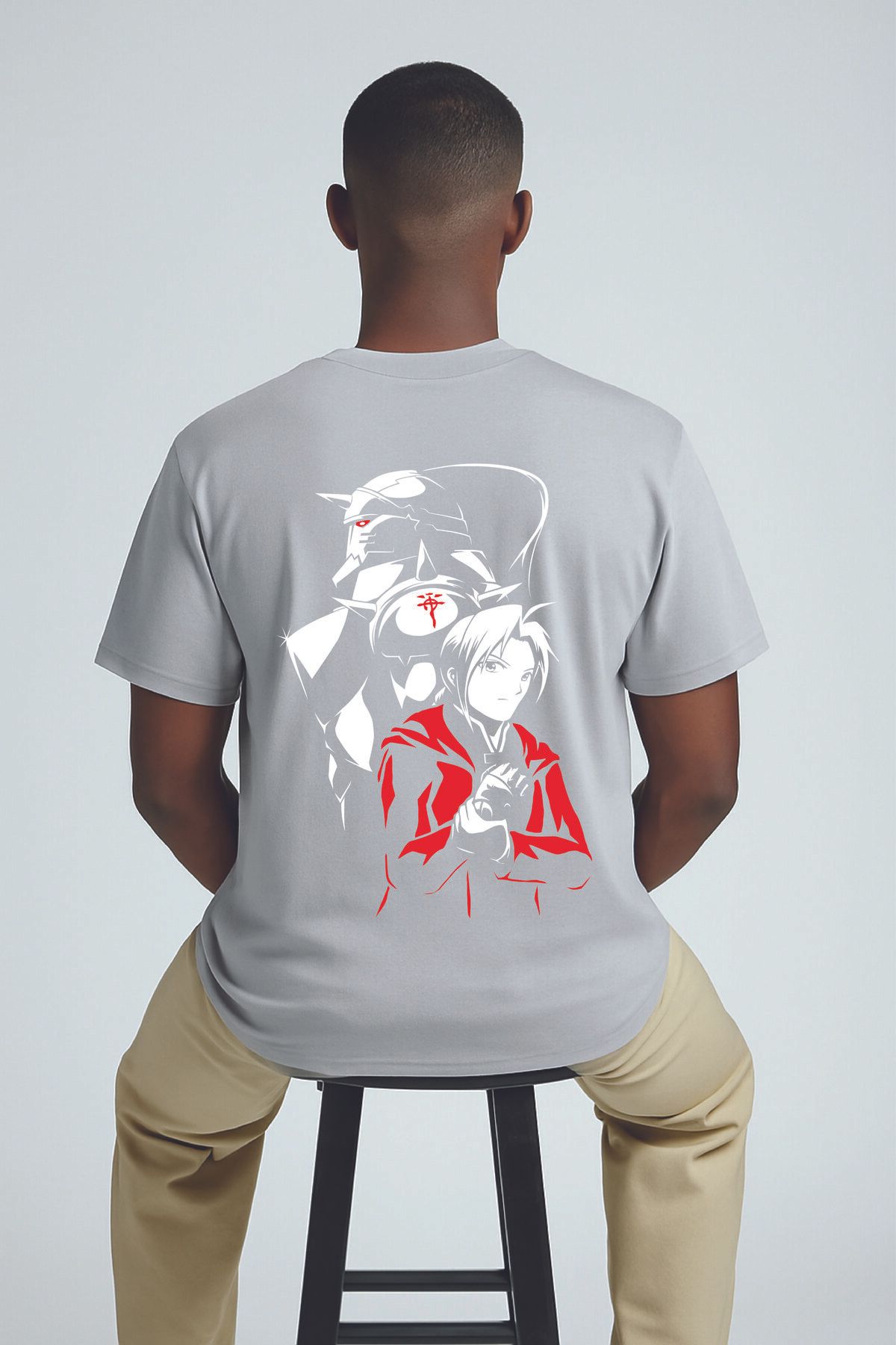By Caspita Fashion Lenithra Fullmetal Alchemist Brotherhood Elric Sırt Baskılı Unisex Oversize Gri T-shirt