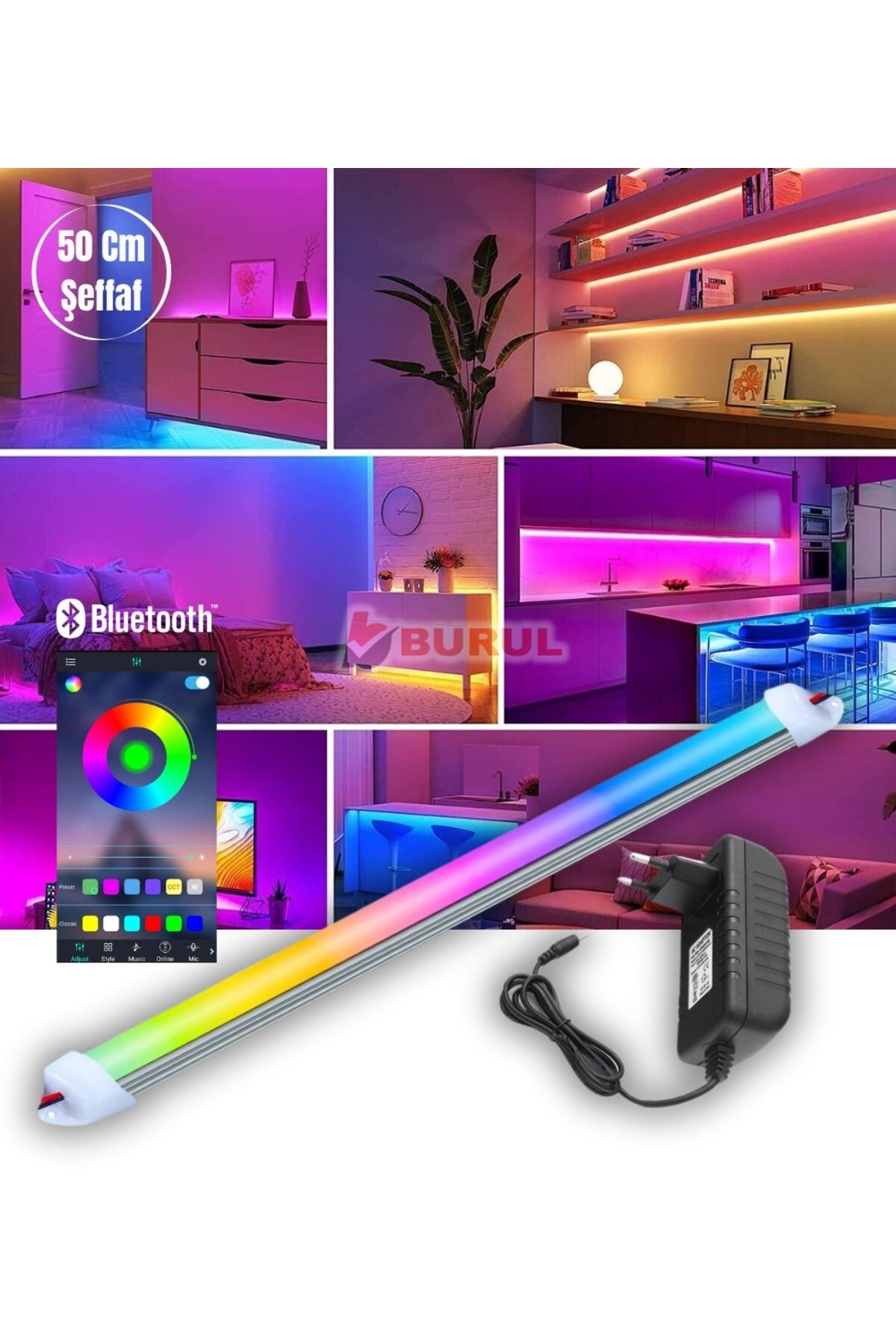 burul SB-6543 50 Cm Şeffaf 256 Renk Bluetooth Kontrol RGB Çubuk Şerit Led Renk Değiştiren Led Işık