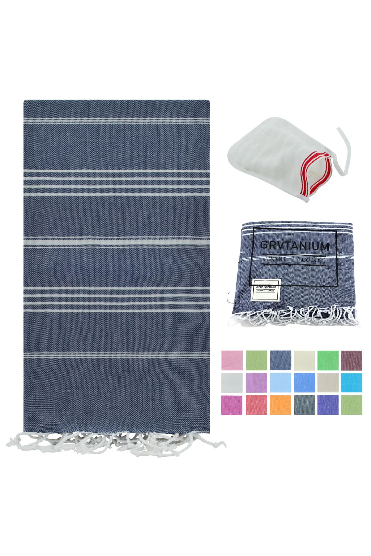 HitDukkan GRVTANIUM Kot Mavi %100 Pamuk 180x100cm Püsküllü Banyo,Plaj,Hamam Havlusu Kese Hediyeli M2