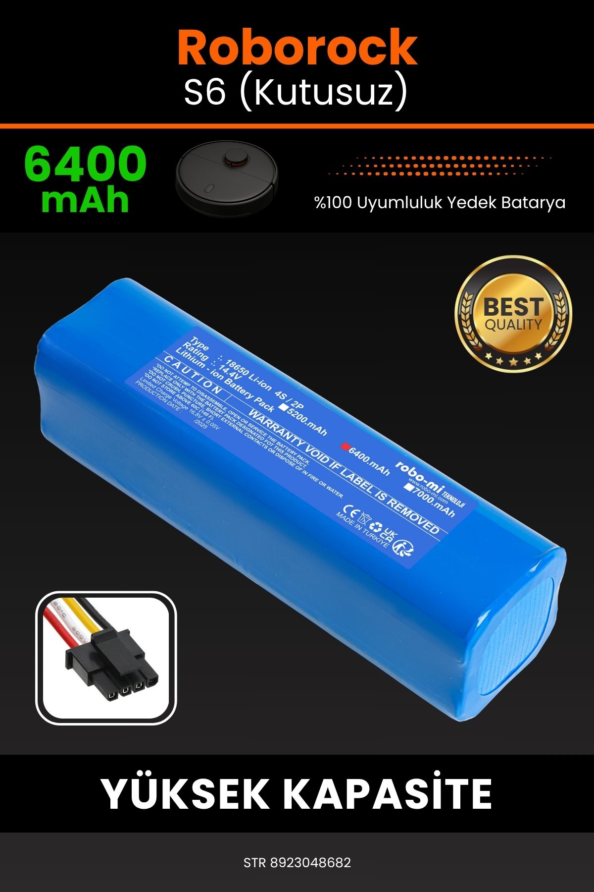 robo-mi Roborock S6 (Kutusuz) 6400mAh Robot Süpürge Bataryası - Yüksek Yoğunluklu Li-ion Hücre