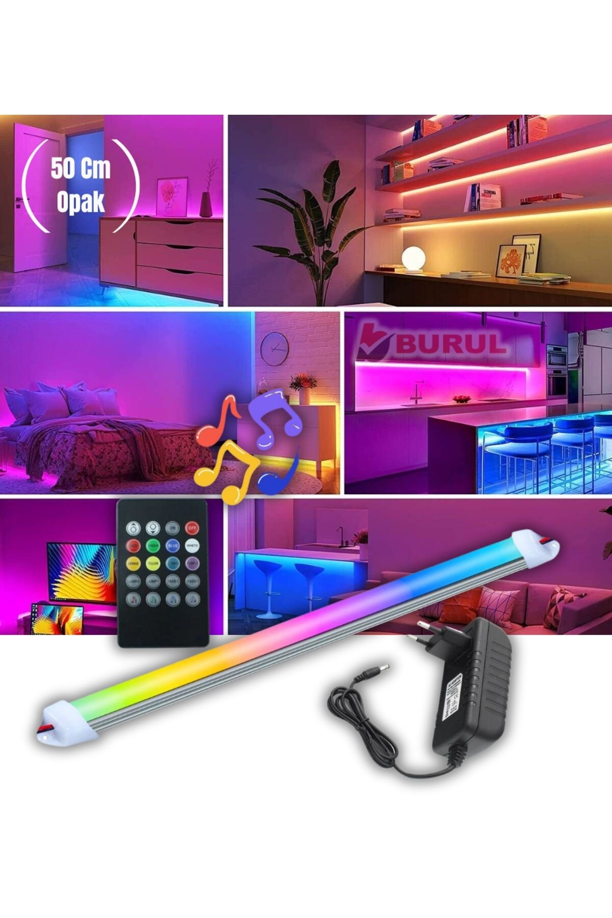 burul SB-6541 50 cm Opak 8 Renk Kumandalı Sese Duyarlı Renk Değiştiren RGB Çubuk Şerit Led Işık
