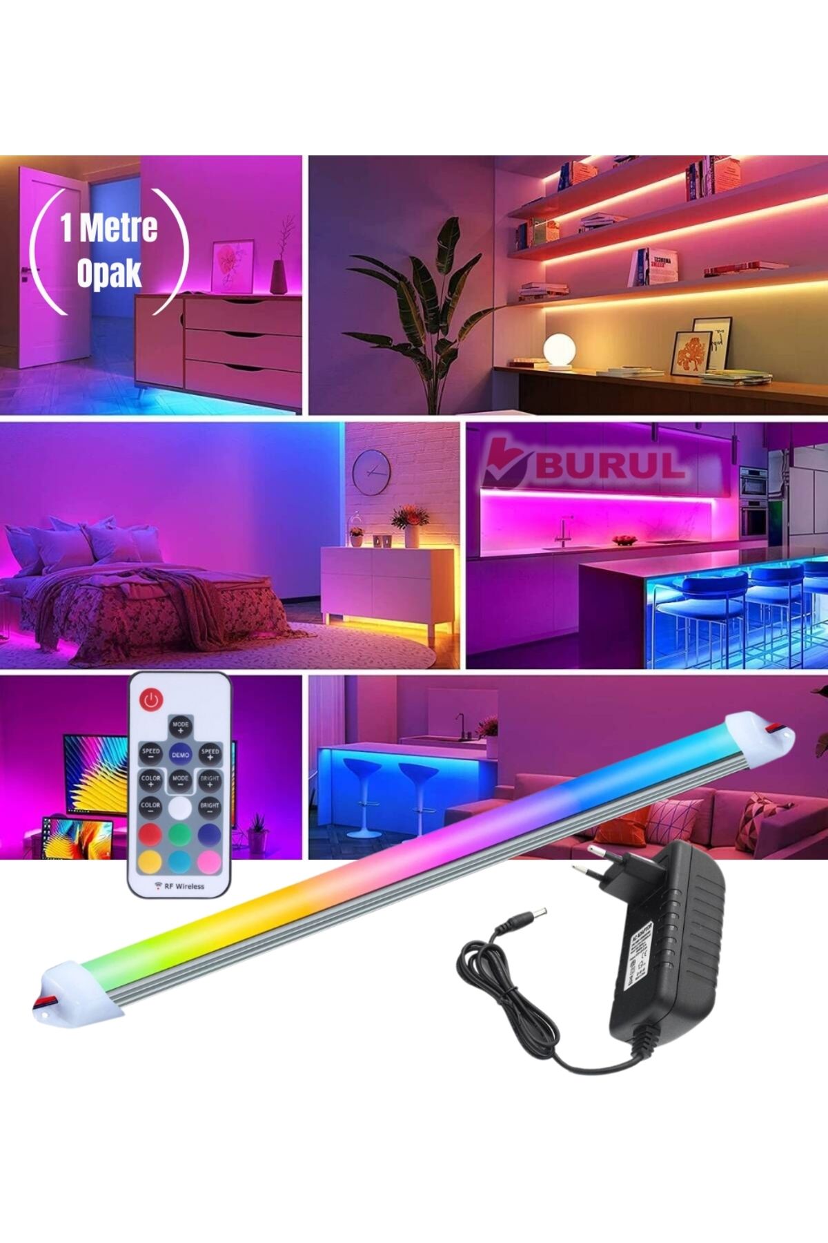 burul SB-6542 1 Metre Opak 20 Renk RF Kumandalı RGB Çubuk Şerit Led Renk Değiştiren Led Işık