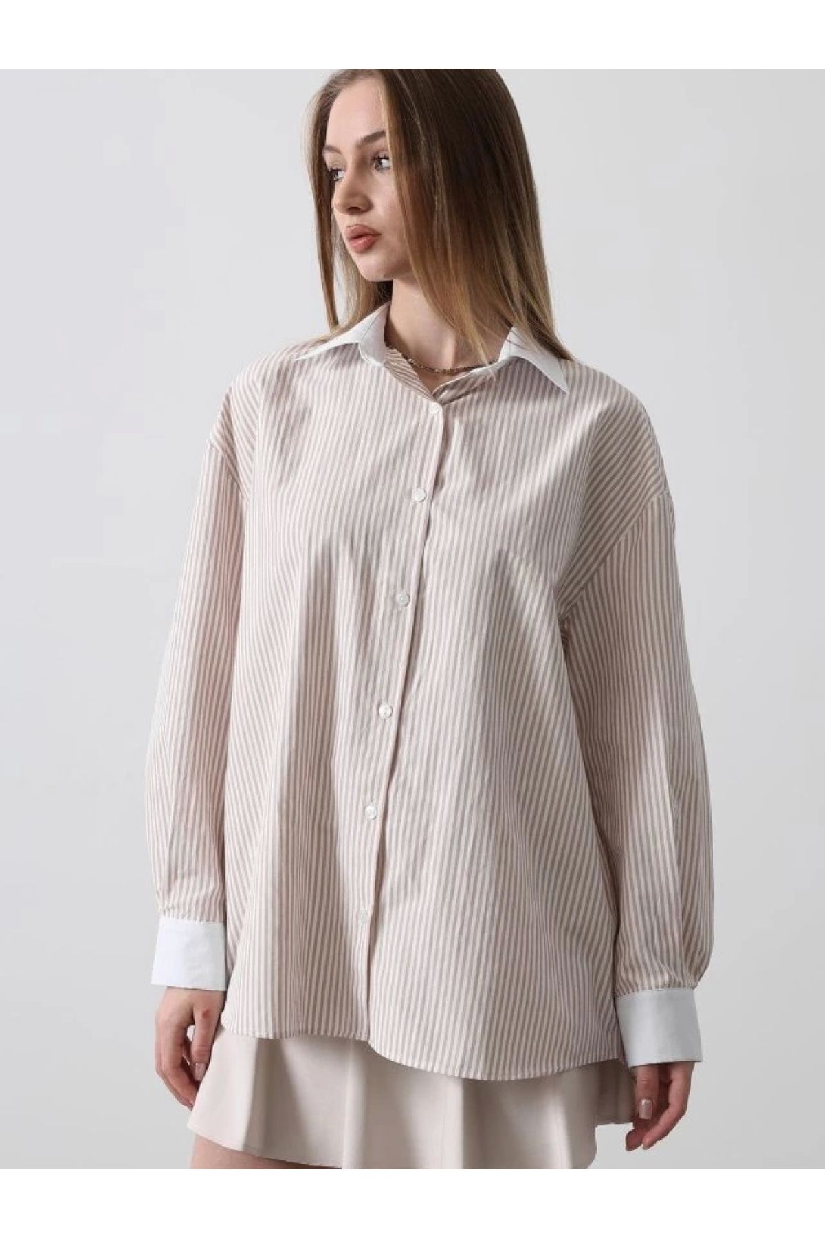POLEXP Modern Oversize Çizgili Bej Gömlek