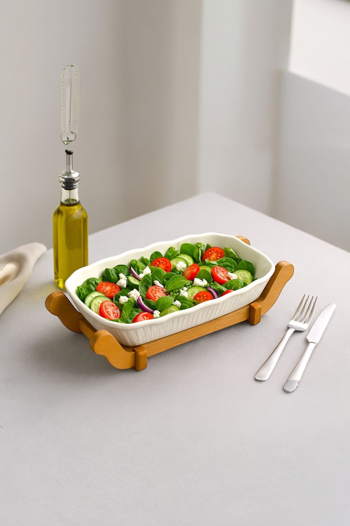 Sezka Life Ahşap Altlıklı Dikdörtgen Servis Tabağı,Salata Kasesi Sunumluk Tabak Fırın Kabı