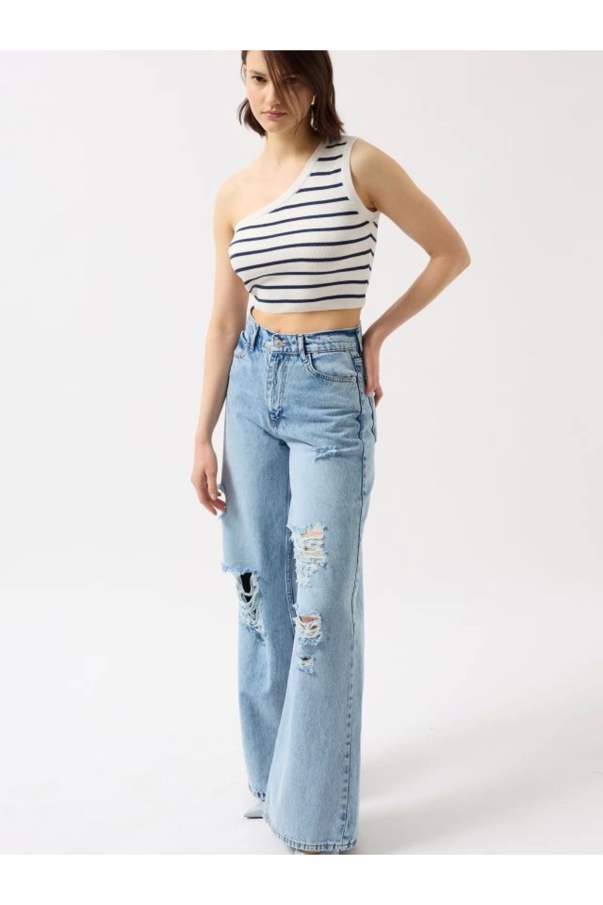POLEXP Çizgili Tek Omuz Crop Bluzu