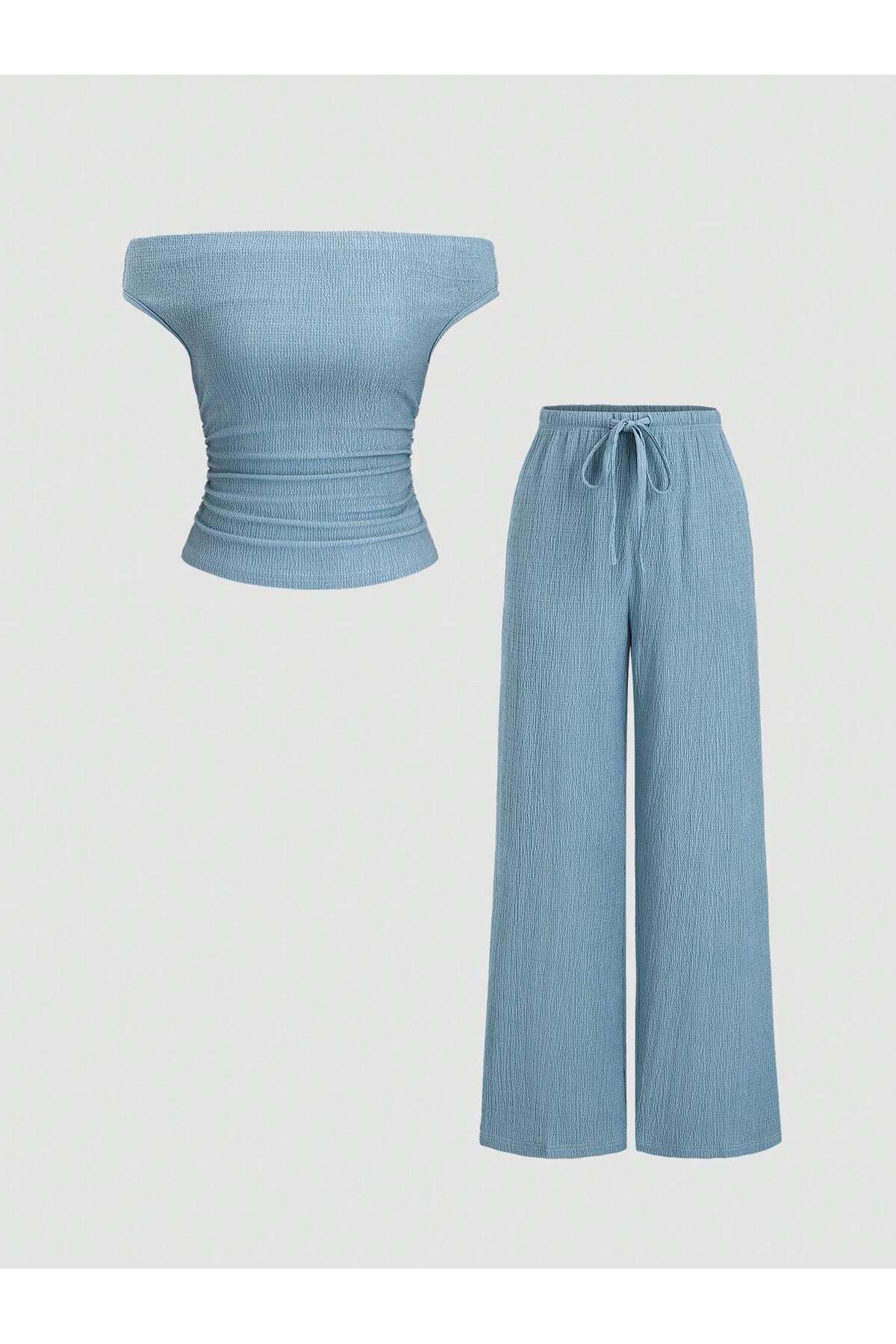 meren like your style Bebe Mavisi Yan Büzgülü Düşük Omuz Bol Pantolon Alt Üst Takım