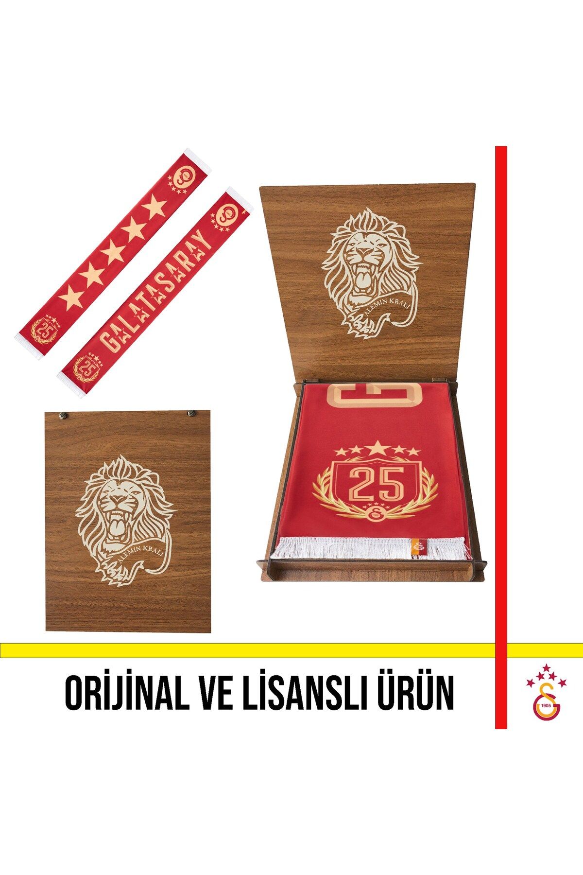 Galatasaray Lisanslı Kırmızı 5 Yıldızlı 25 Şampiyonluk Özel Şal Atkı Hediye Aslan Ahşap Kutulu