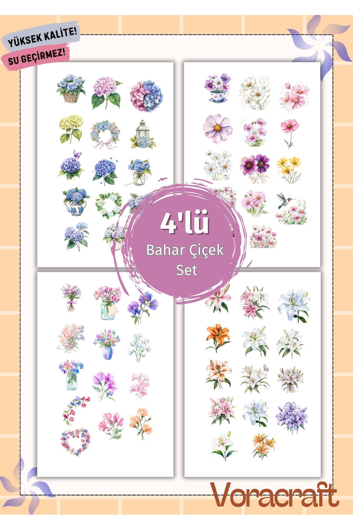 VORACRAFT 4'lü Bahar Çiçek Sticker Set Ajanda Bullet Journal Set A045
