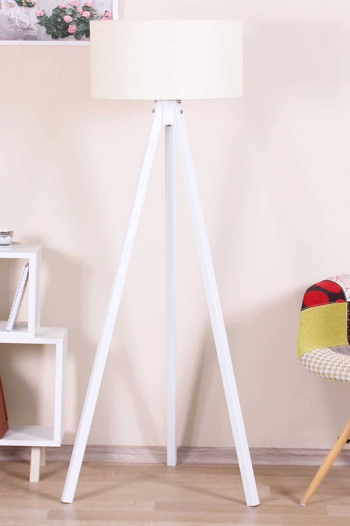 SerenityHaven 3 Ayaklı Dekoratif Lambader Tripod Yuvarlak Krem Başlık Beyaz Ayak