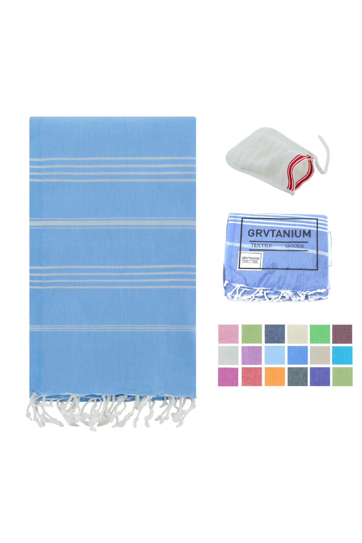HitDukkan GRVTANIUM Mavi %100 Pamuk 180x100cm Püsküllü Banyo,Plaj,Hamam Havlusu Kese Hediyeli M2