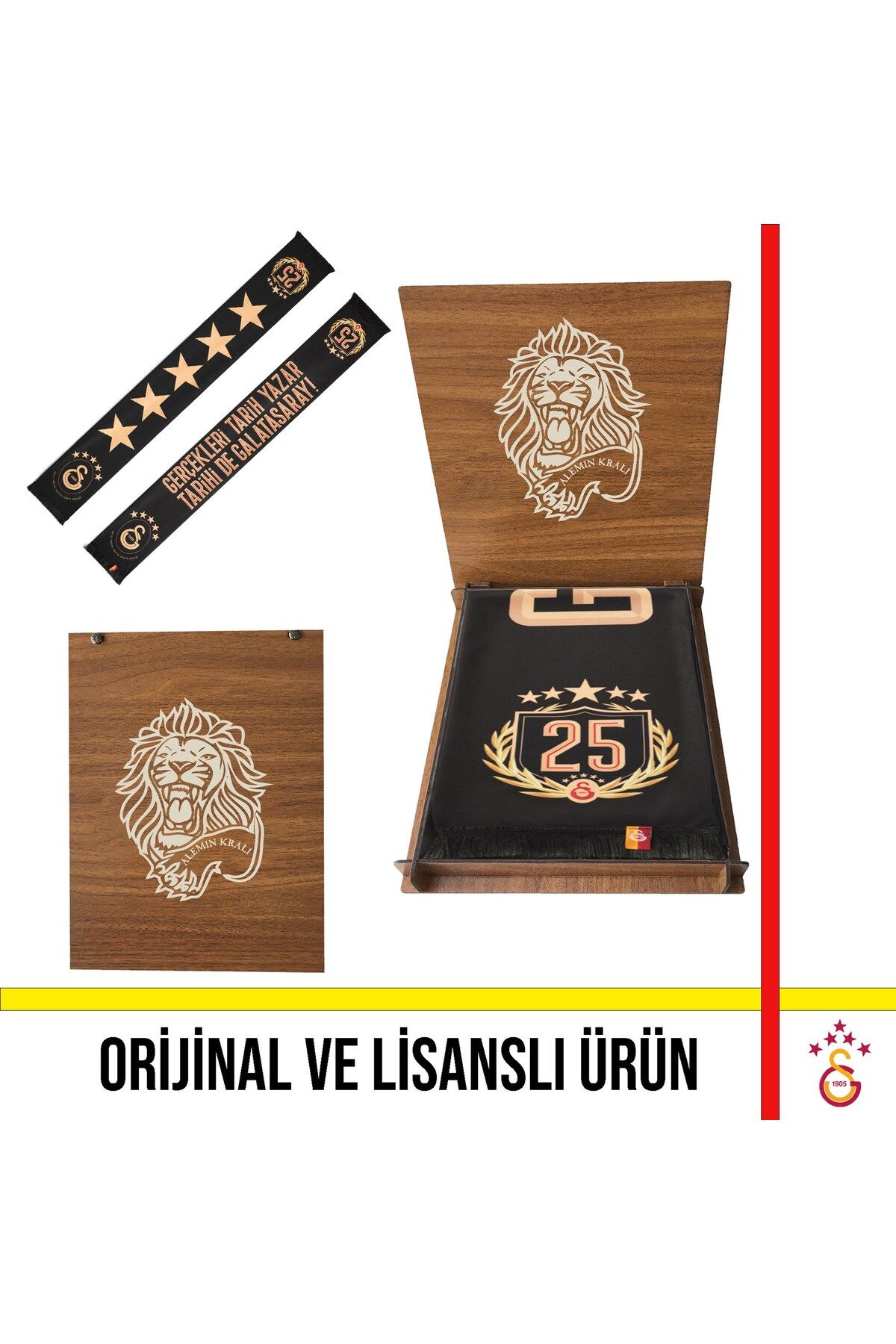 Galatasaray Lisanslı Özel 2025 Şampiyonluk Şal Atkı Hediye Aslan Ahşap Kutulu