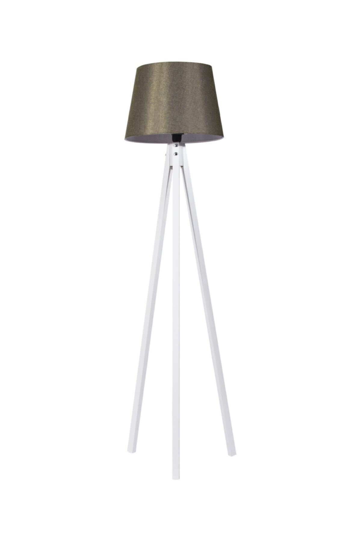 SerenityHaven Kumaş Lambader 3 Ayaklı Ahşap Lamba Tripod Abajur Haki Yeşil Beyaz