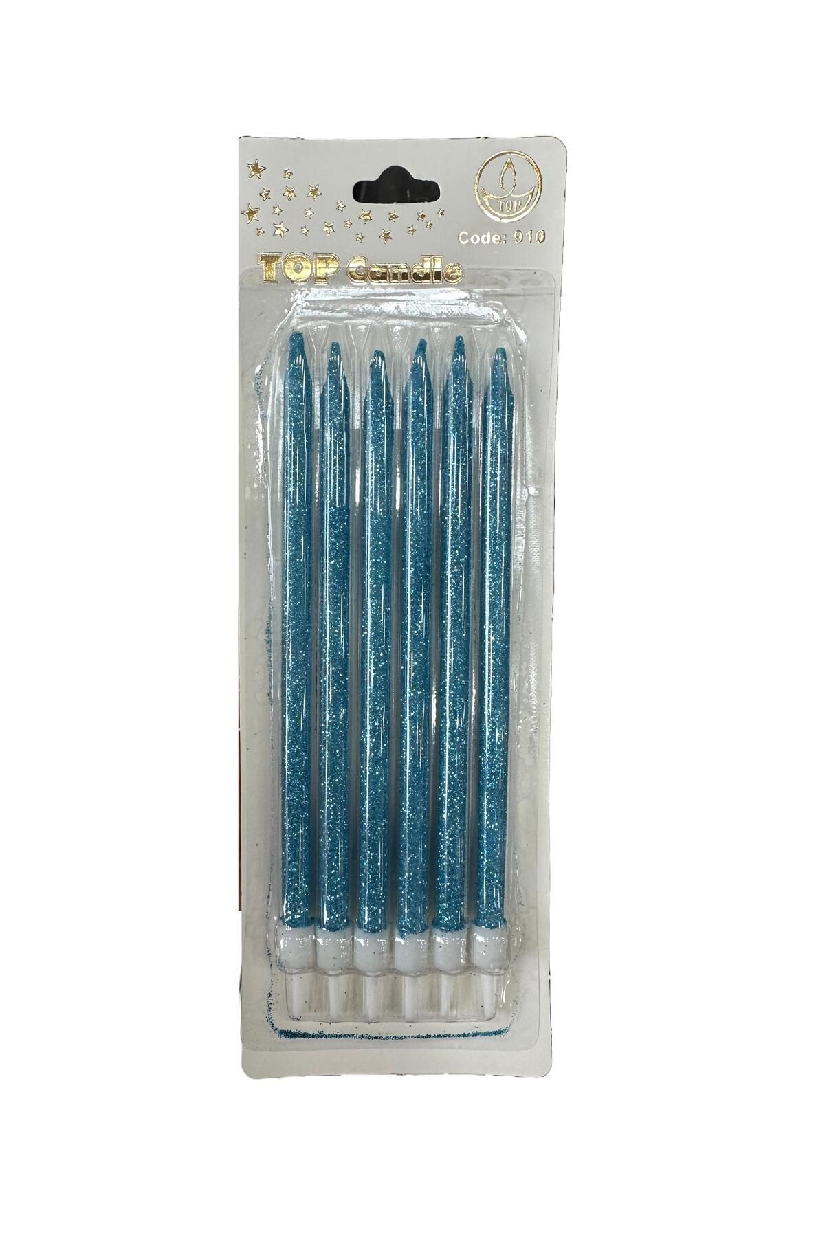 omeyva Simli Doğum Günü Parti Süs Pasta Mumu - Mavi - 15 Cm. - 6 Adetlik Paket