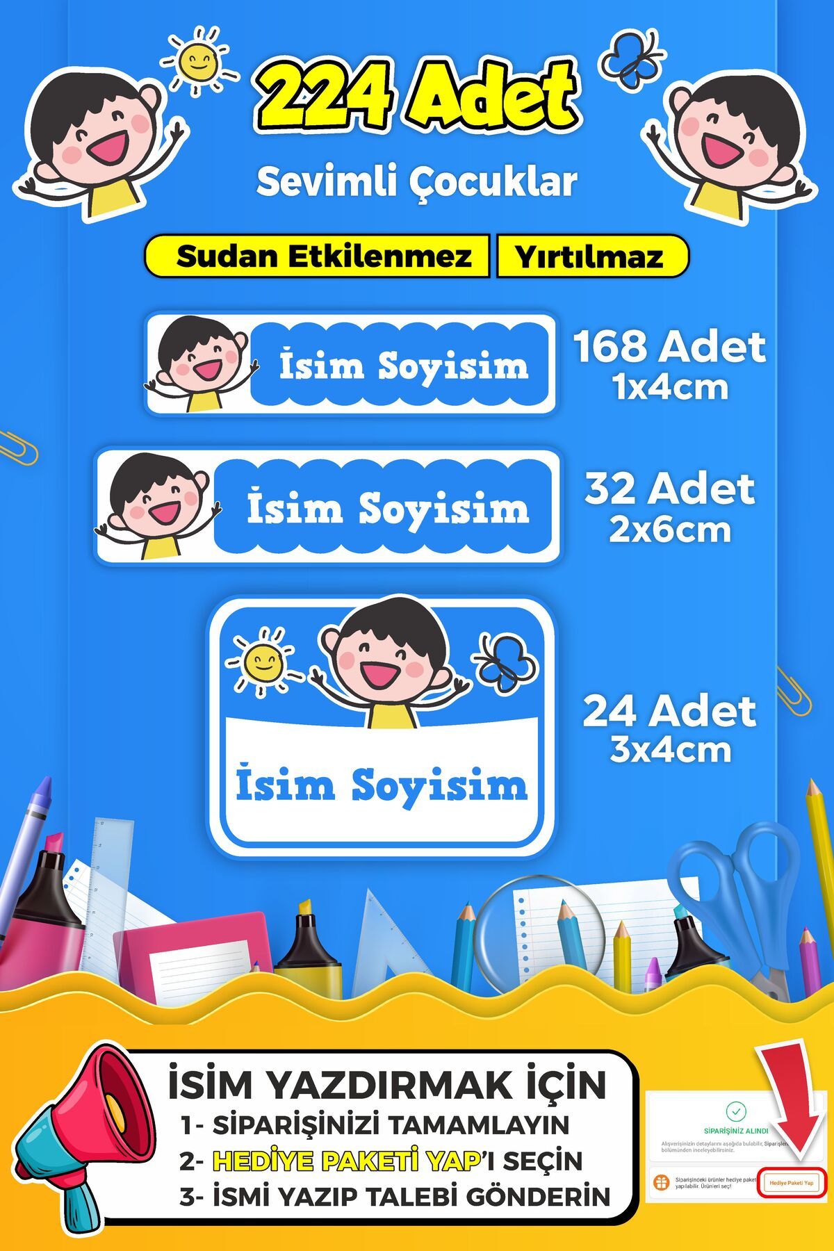 SB store Sevimli Çocuklar Temalı Okul Kreş Kişiye Özel İsim Etiket Seti - Model 241