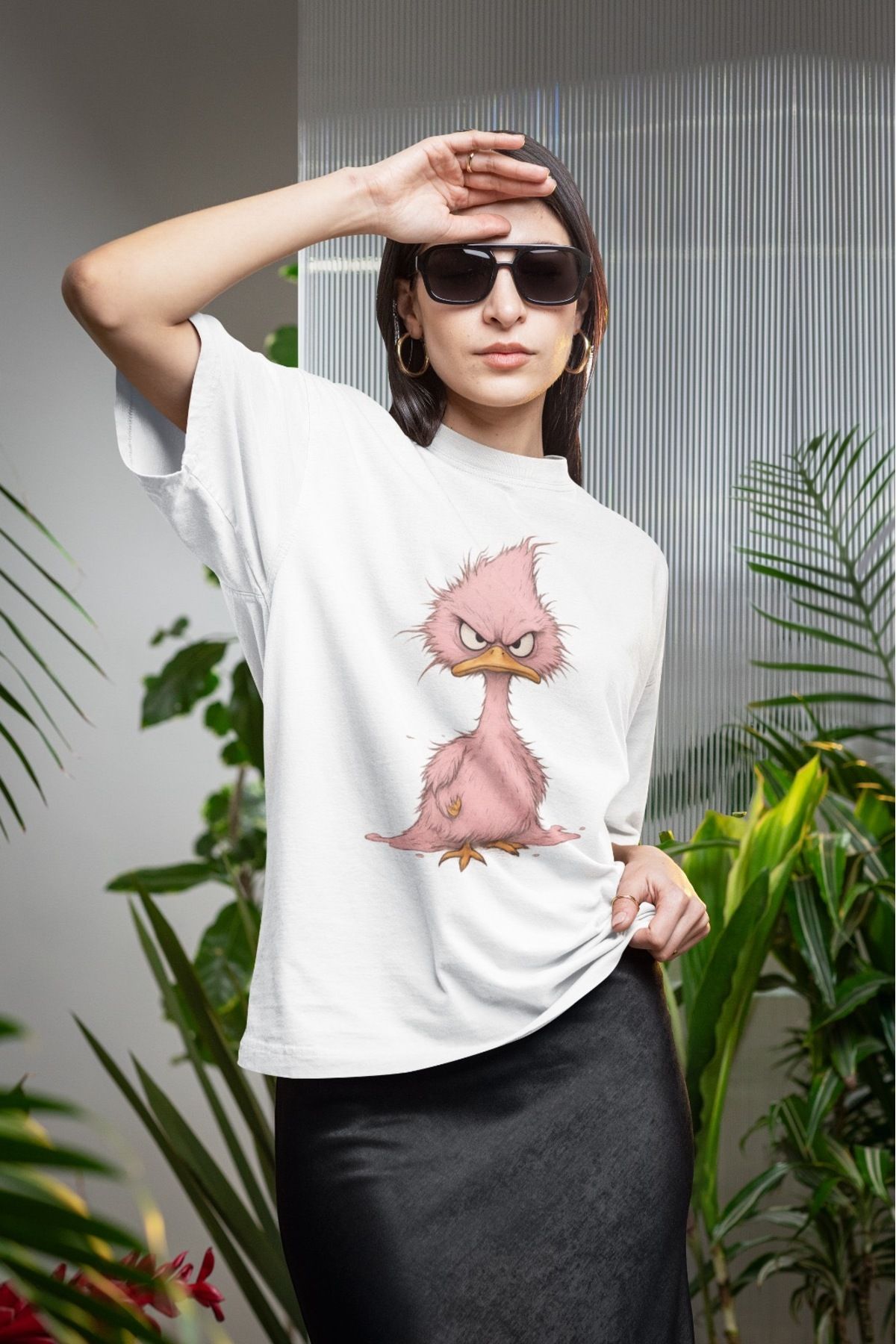 ABAS T-shirt kızgın pembe ördek baskılı şık sevimli tişört