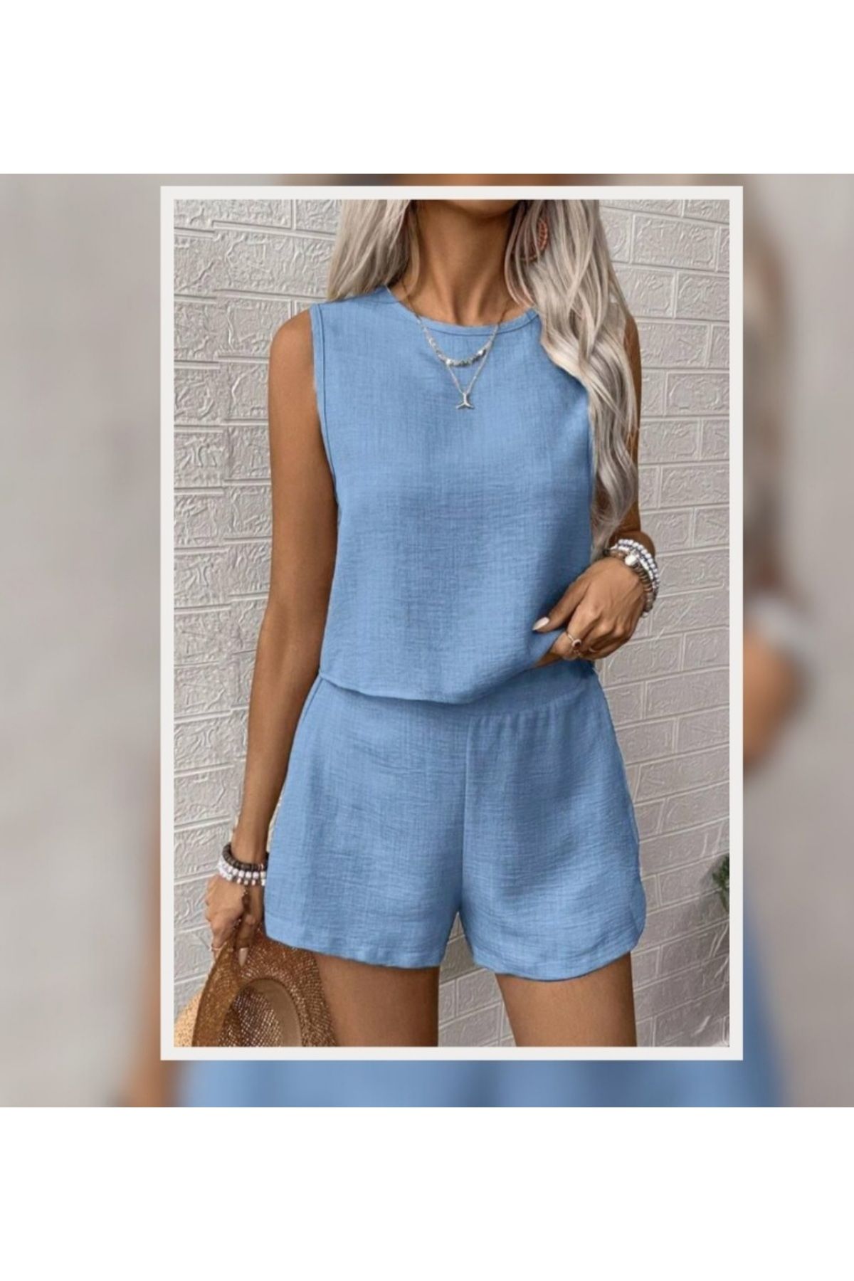 atelyu kadın mavi şort bluz ikili takım