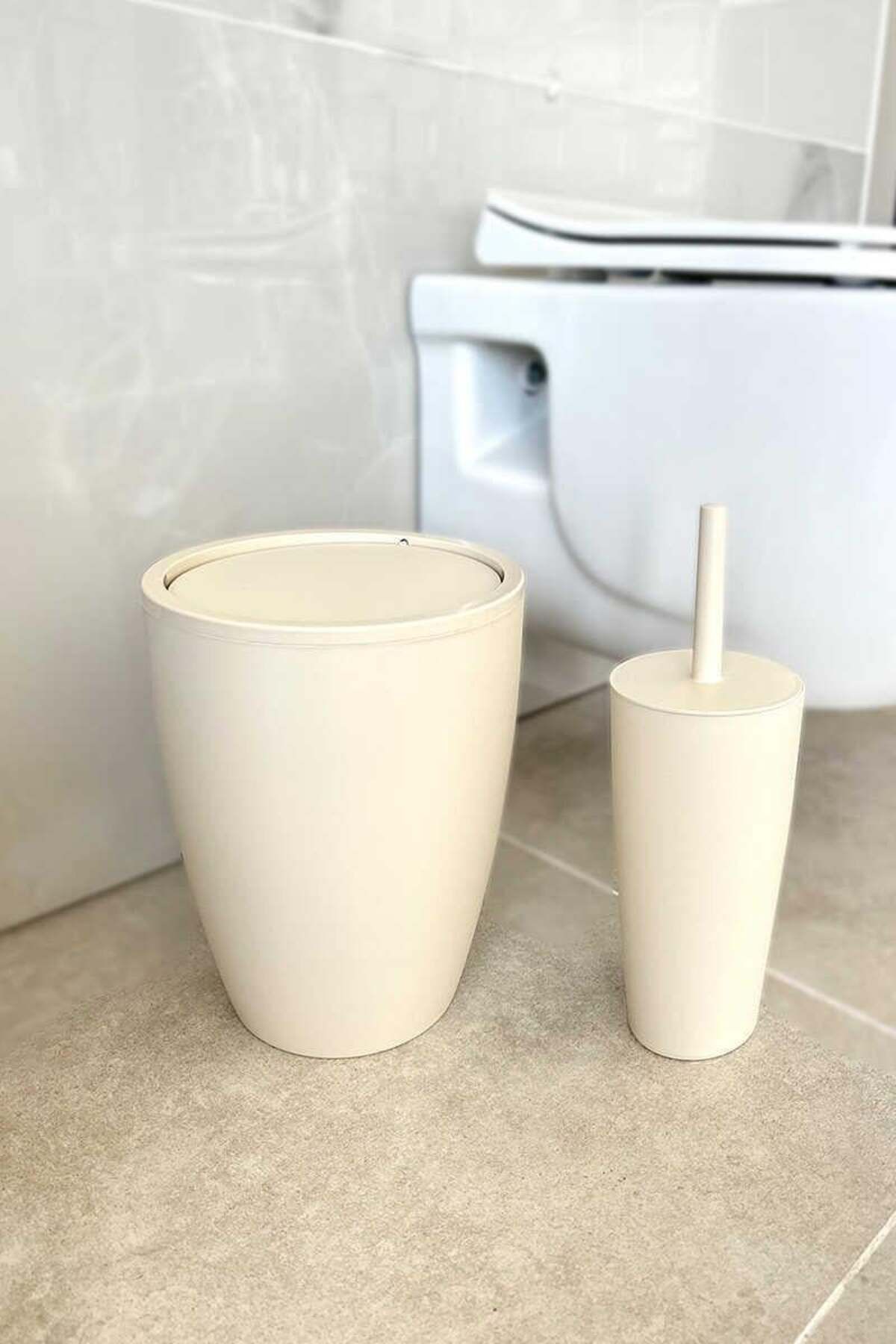 Prima Nova Primanova Pure 2'li Banyo Seti Çöp Kovası + Tuvalet Fırçası Bej