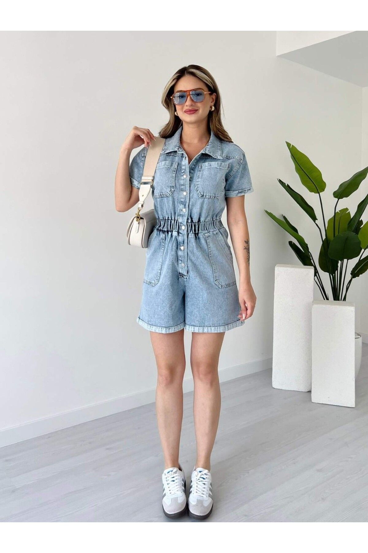 tiamoda Beli Lastikli Denim Şort Tulum