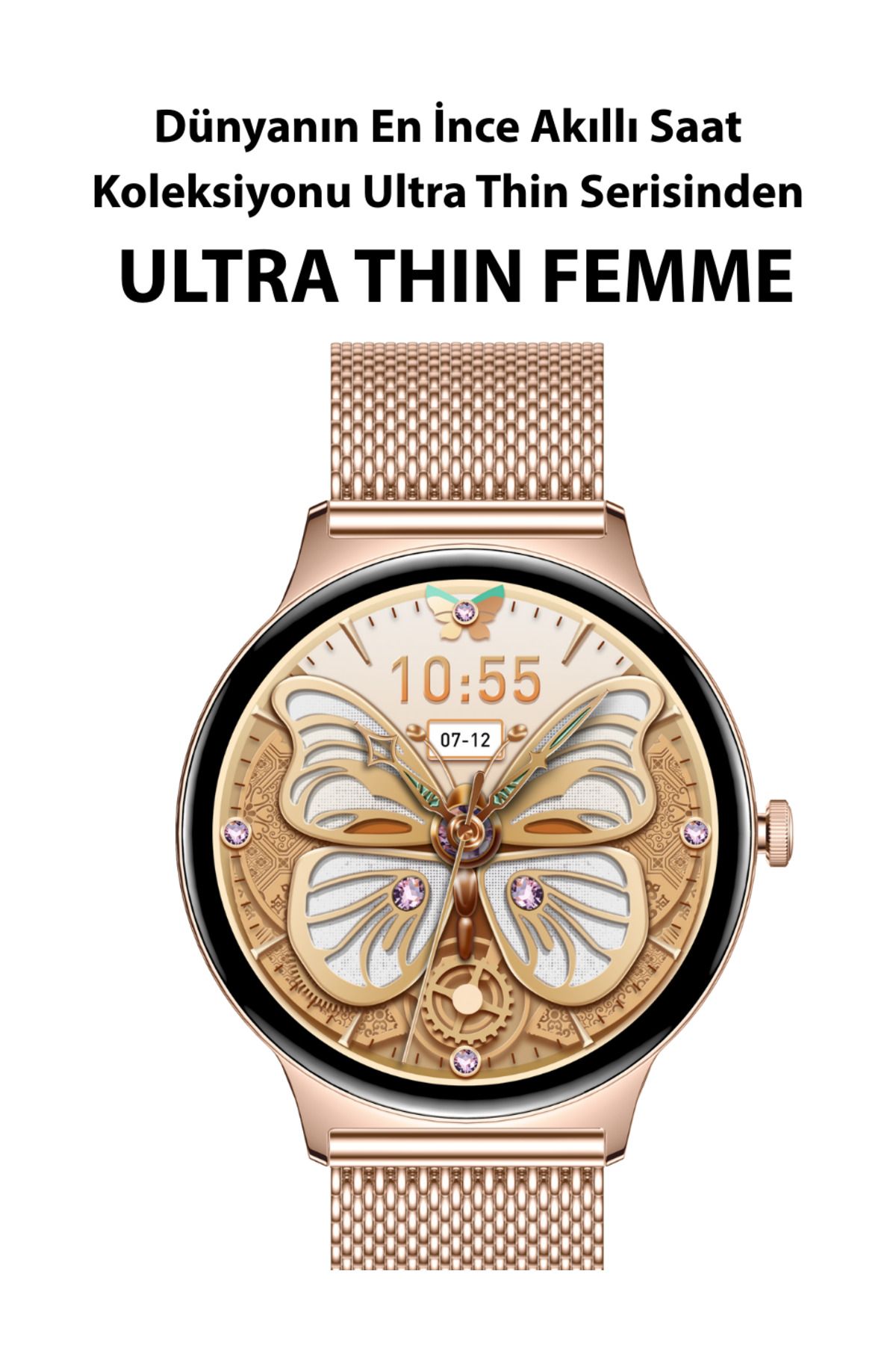 LOGIA Ultra Thin Femme Akıllı Saat Yuvarlak Çelik Kasa Metal Kordon Gold