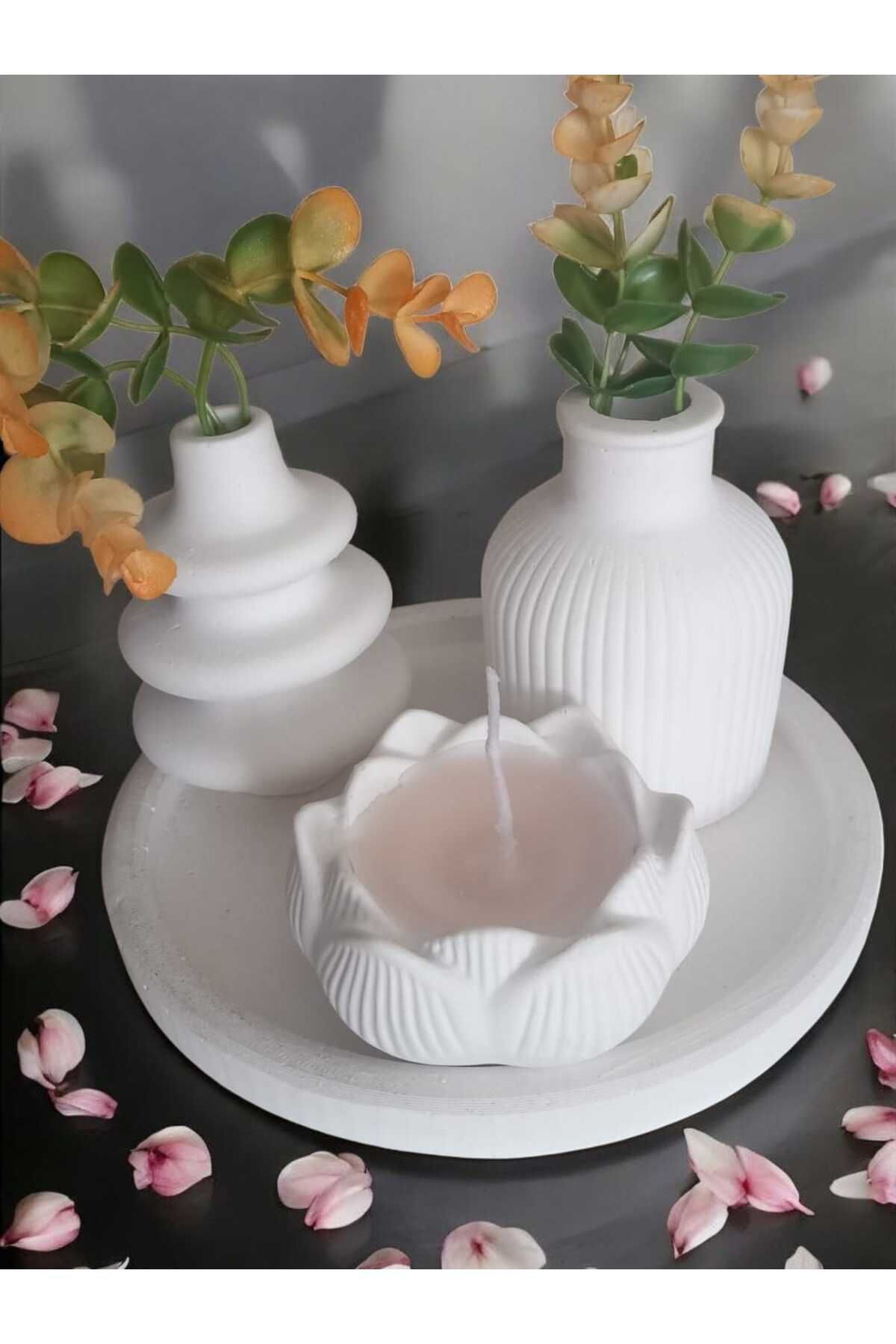 AYŞEM 2li Vazo Set,Lotus Mum Kokulu Tepsili 4 Parça