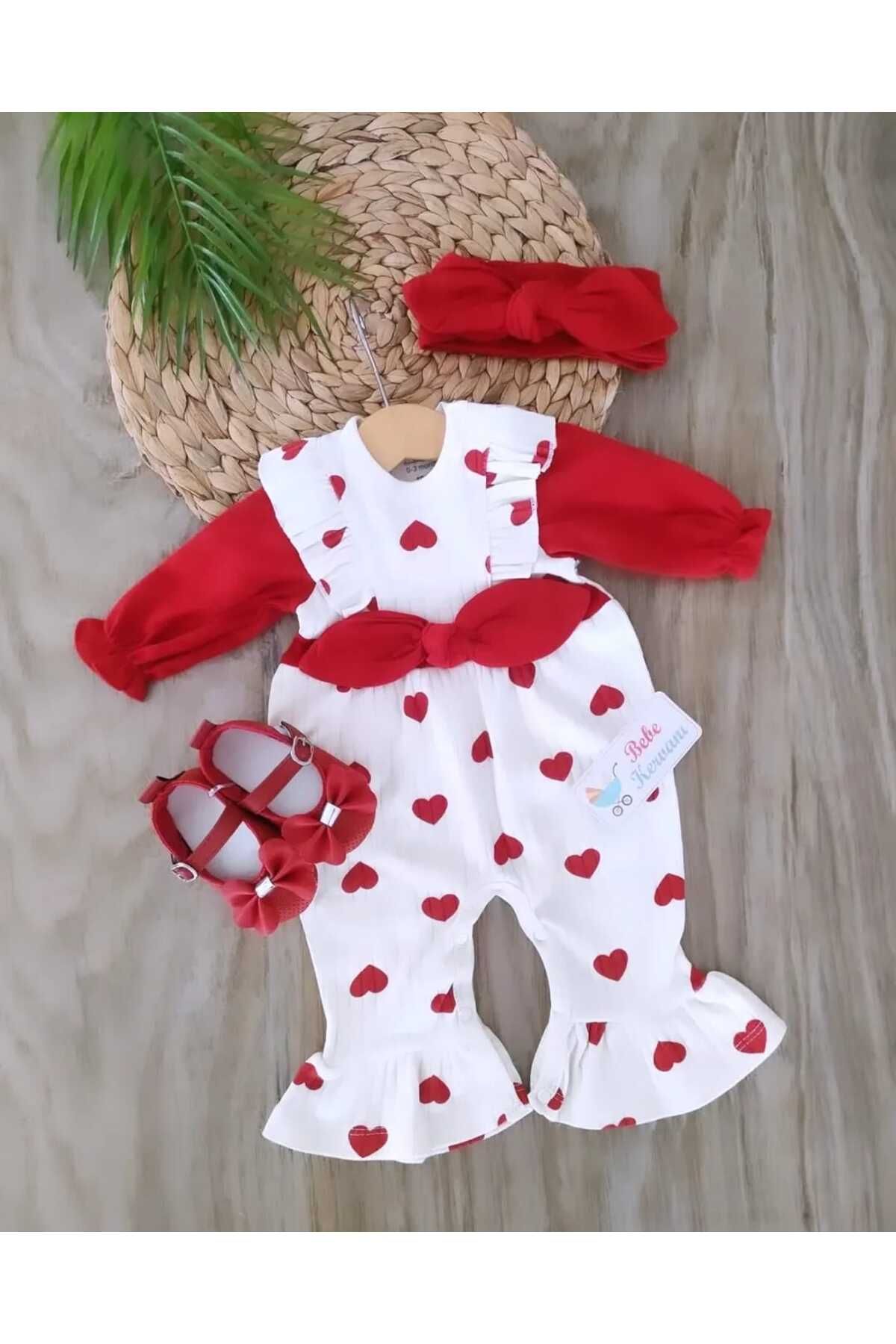 bebe kervanı Kız Bebek Kırmızı %100 Pamuklu Kalpli Babet Ayakkabılı İspanyol Paça Tulum seti BBK1286