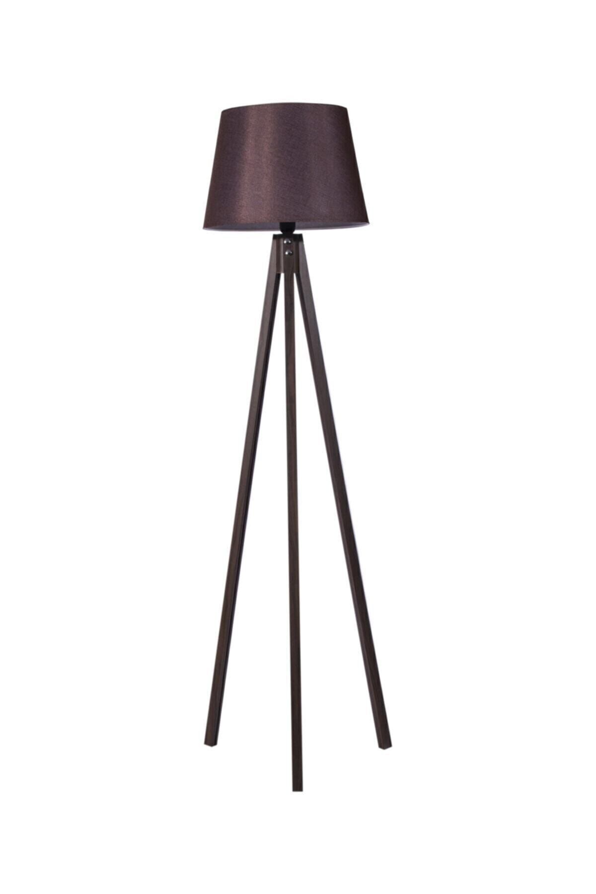 SerenityHaven 3 Ayaklı Lambader Tripod Abajur Kumaş Konik Başlık Kahve Ceviz