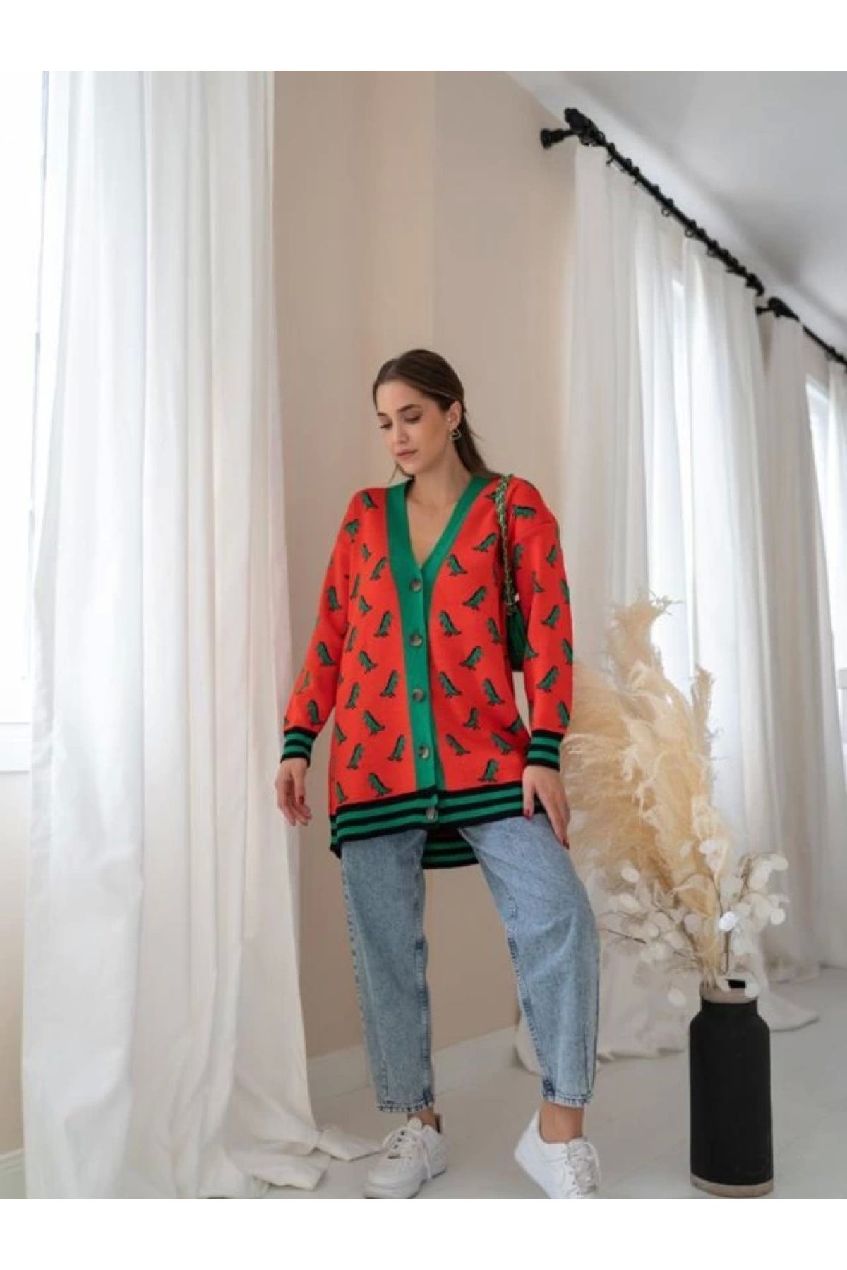 POLEXP Trendy ve Rahat Oranj Desenli Hırka