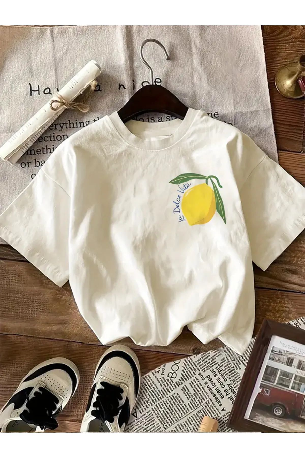 Koklonmoda Büyük Beden Unisex Limon Cello Baskılı Oversize T-Shirt