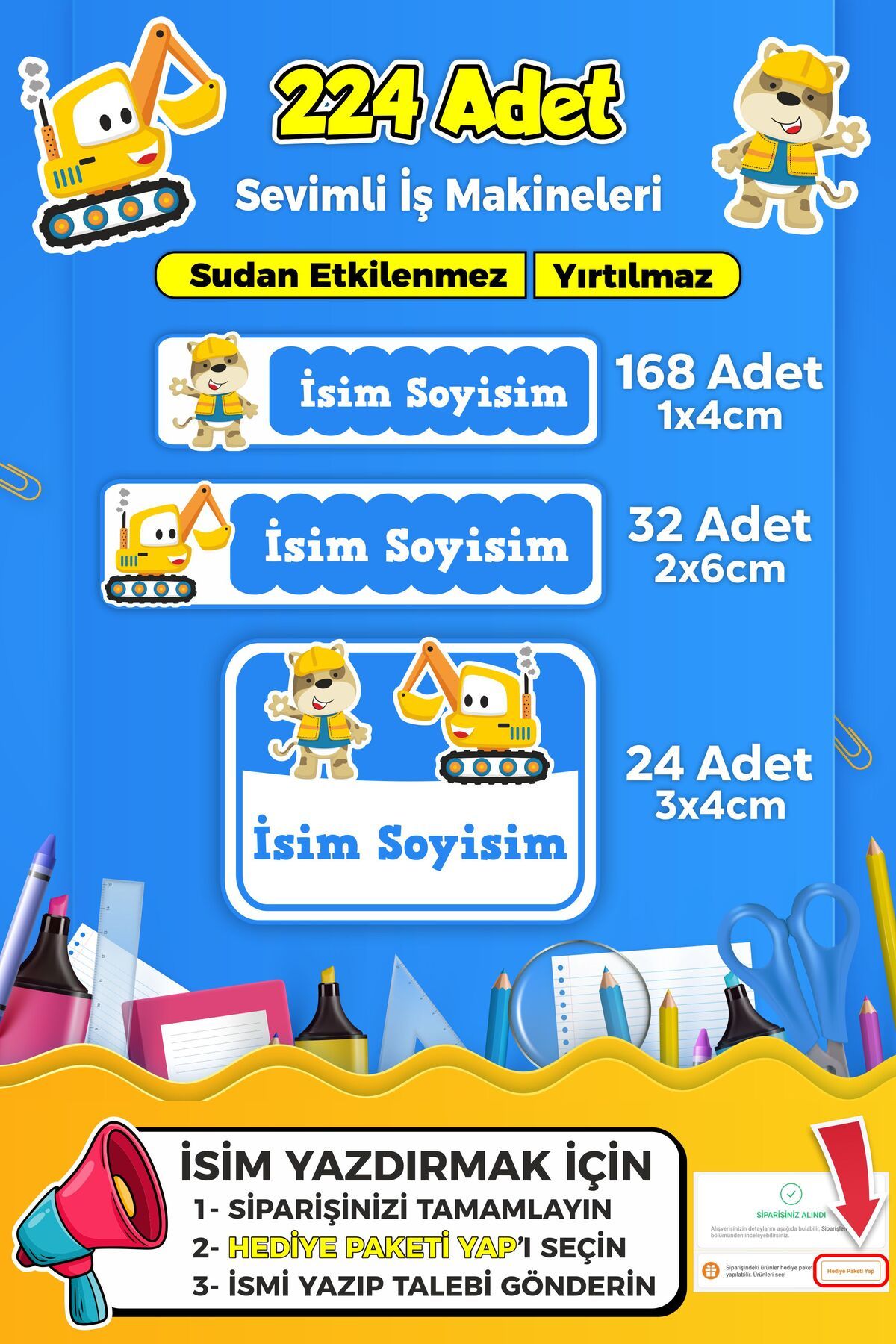 SB store İş Makineleri Temalı Okul Kreş Kişiye Özel İsim Etiket Seti - Model 256