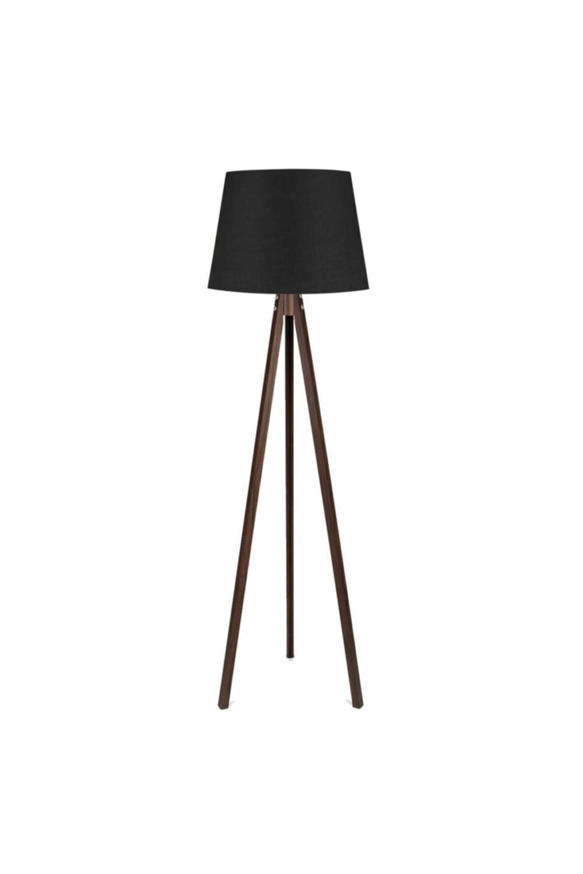 SerenityHaven Kumş Lambader 3 Ayaklı Ahşap Abajur Tripod Ayak Konik Tasarım Siyah Ceviz