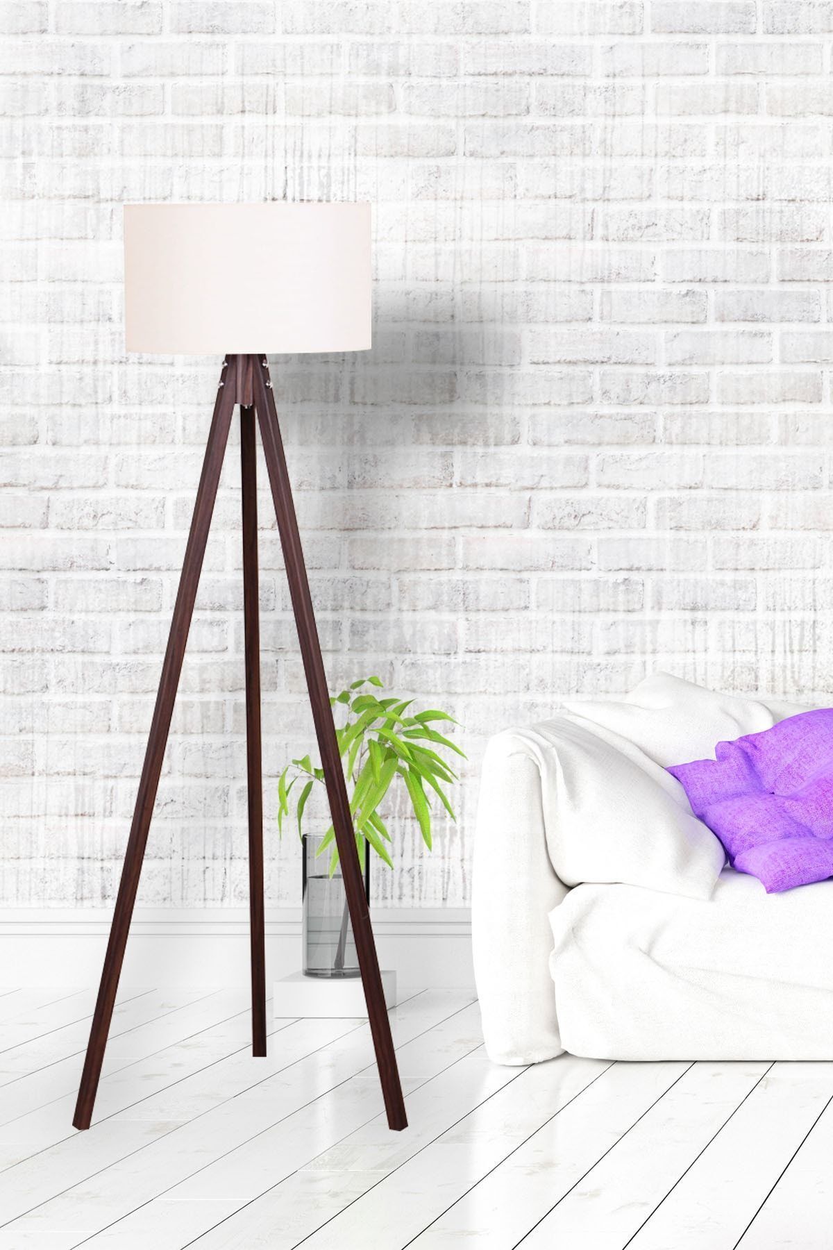 SerenityHaven Tripod Mdf Lambader Yuvarlak Başlık Krem-kahve Ayak
