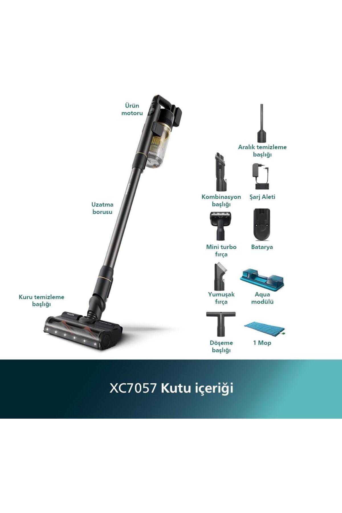 Philips Tech Vacumix En Hızlı Süpüren 7000 Serisi Xc7057 Islak Kuru Şarjlı Dikey Süpürge, HEPA 13