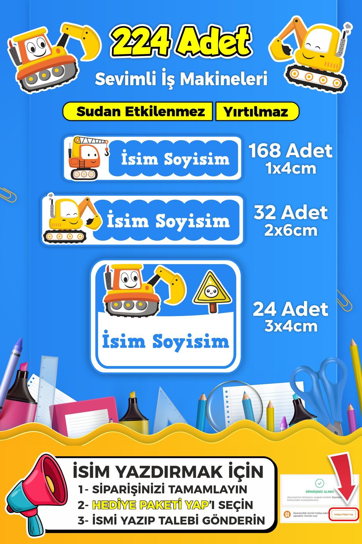 SB store İş Makineleri Temalı Okul Kreş Kişiye Özel İsim Etiket Seti - Model 259