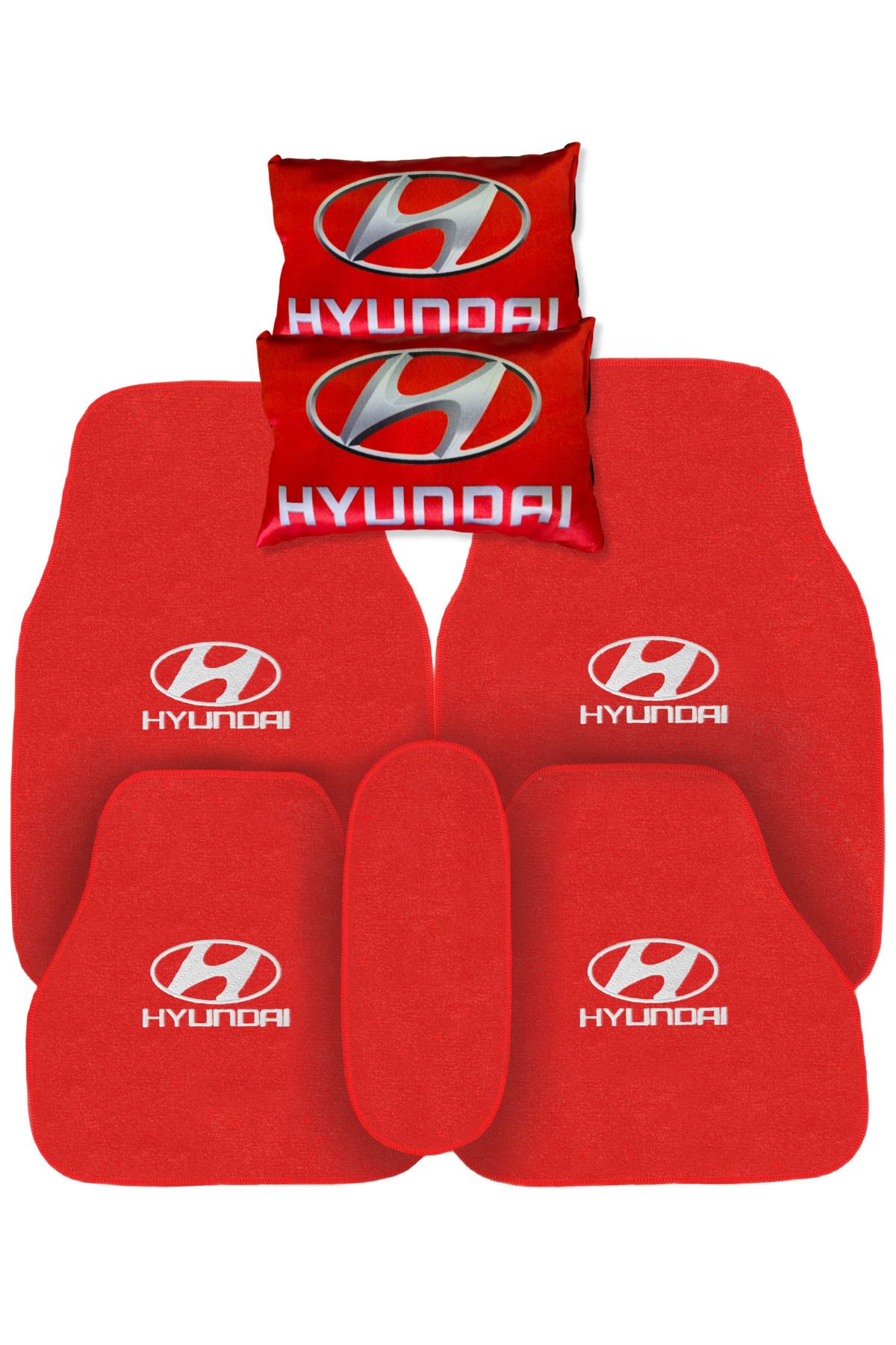 TUSBA MARKET Hyundai Nakışlı 5 Parça Araç Oto Halı Paspas | Hyundai Dijital Baskılı Kırmızı Oto Boyun Yastığı