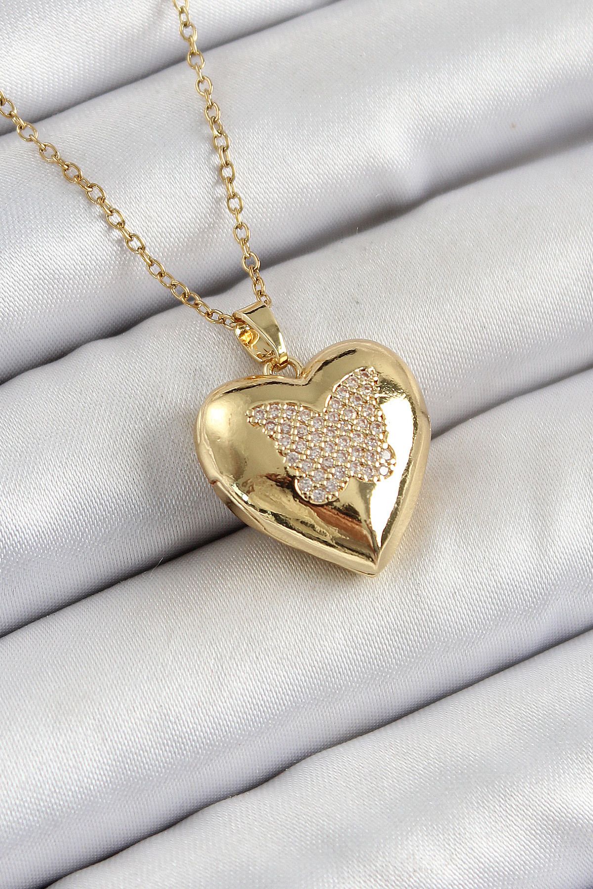 callerrons accessories Zincir Açılabilir Kelebek Figürlü Kalp Model Zirkon Taşlı Gold Renk Kadın Kolye - EBJ250605W34531