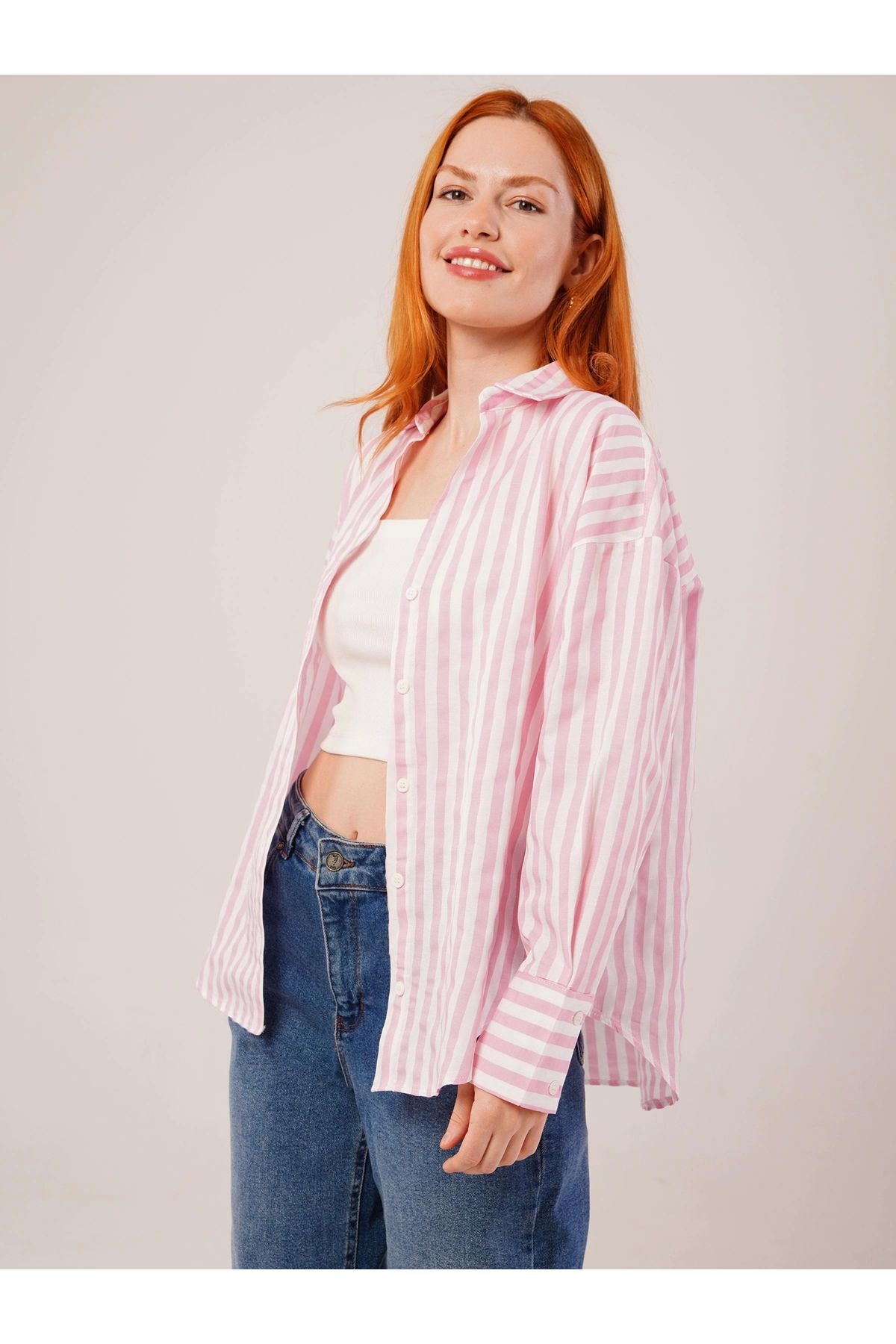 POLEXP Pembe Çizgili Rahat Kesim Gömlek