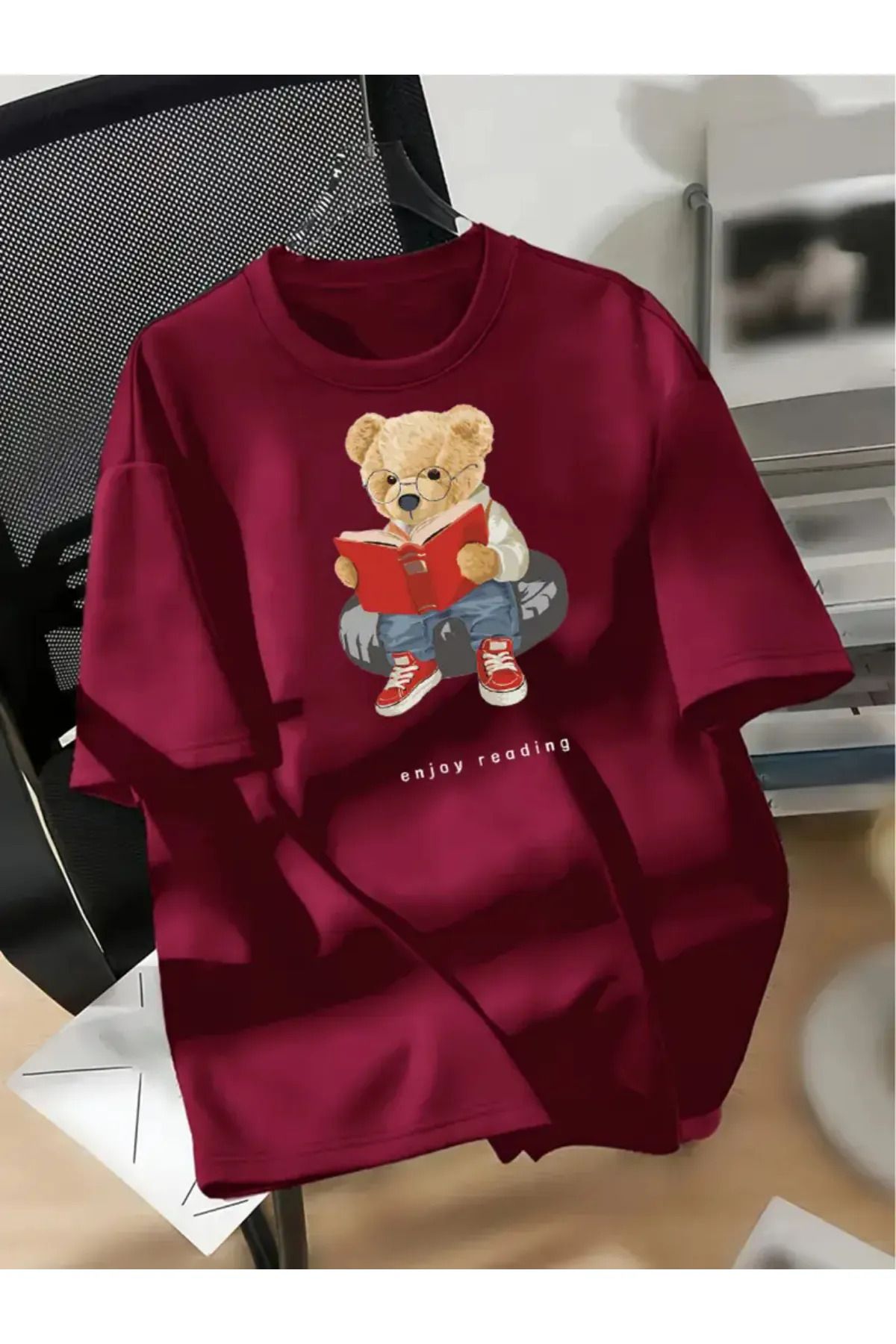 Koklonmoda Büyük Beden Unisex Book Bear Baskılı Oversize T-Shirt
