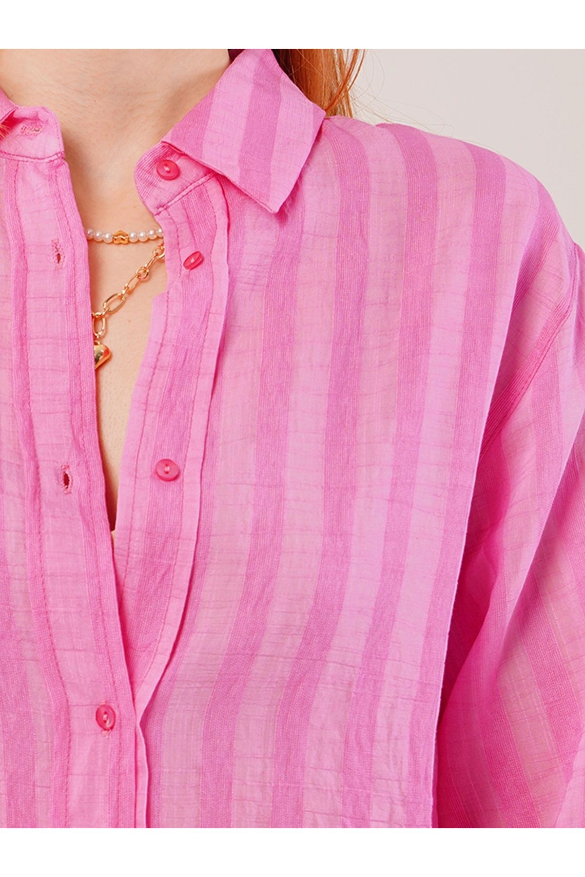 POLEXP Şık ve Trend Çizgili Pembe Gömlek